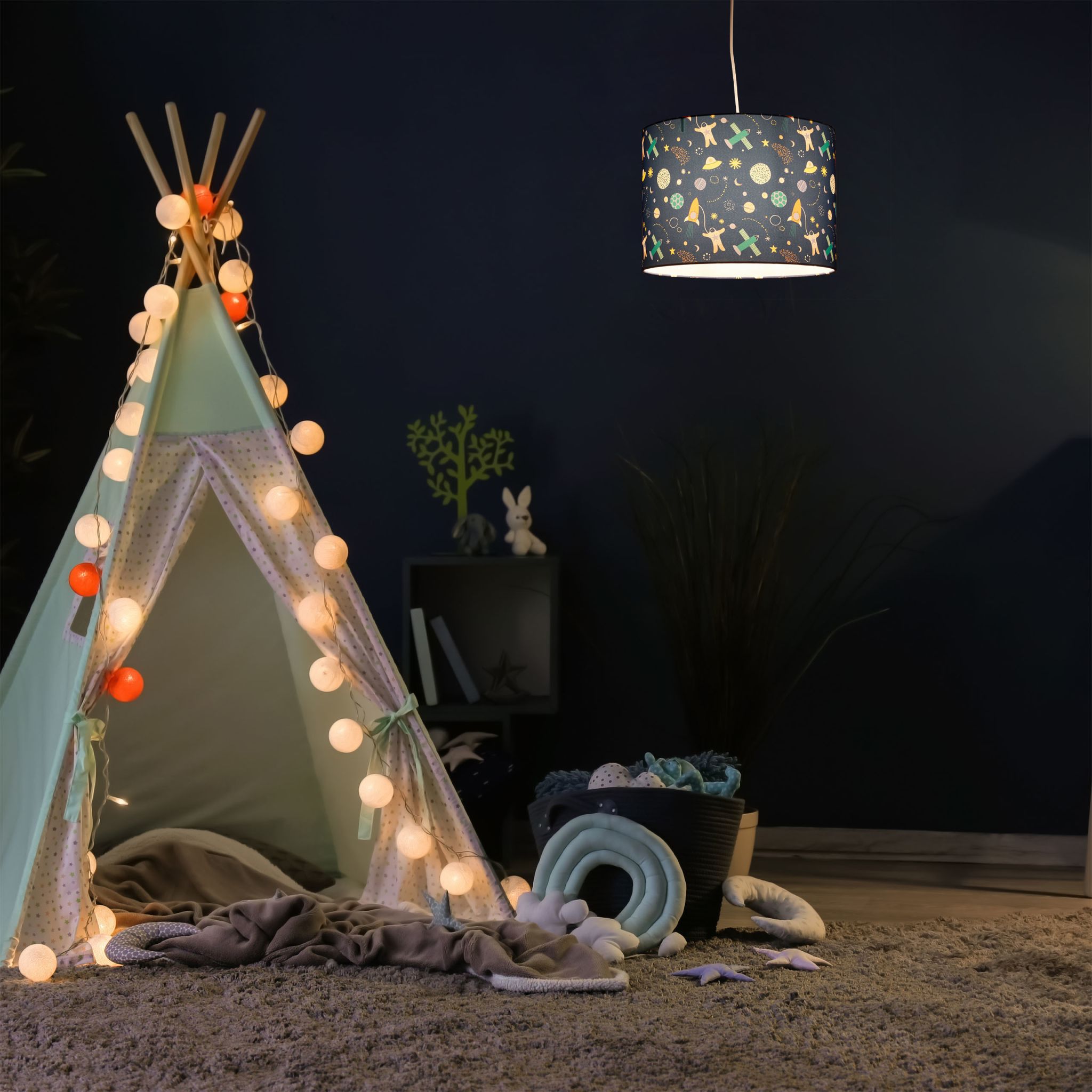 Hängelampe Kinderzimmer Weltraum Dunkelblau-Grün-Orange von Relaxdays