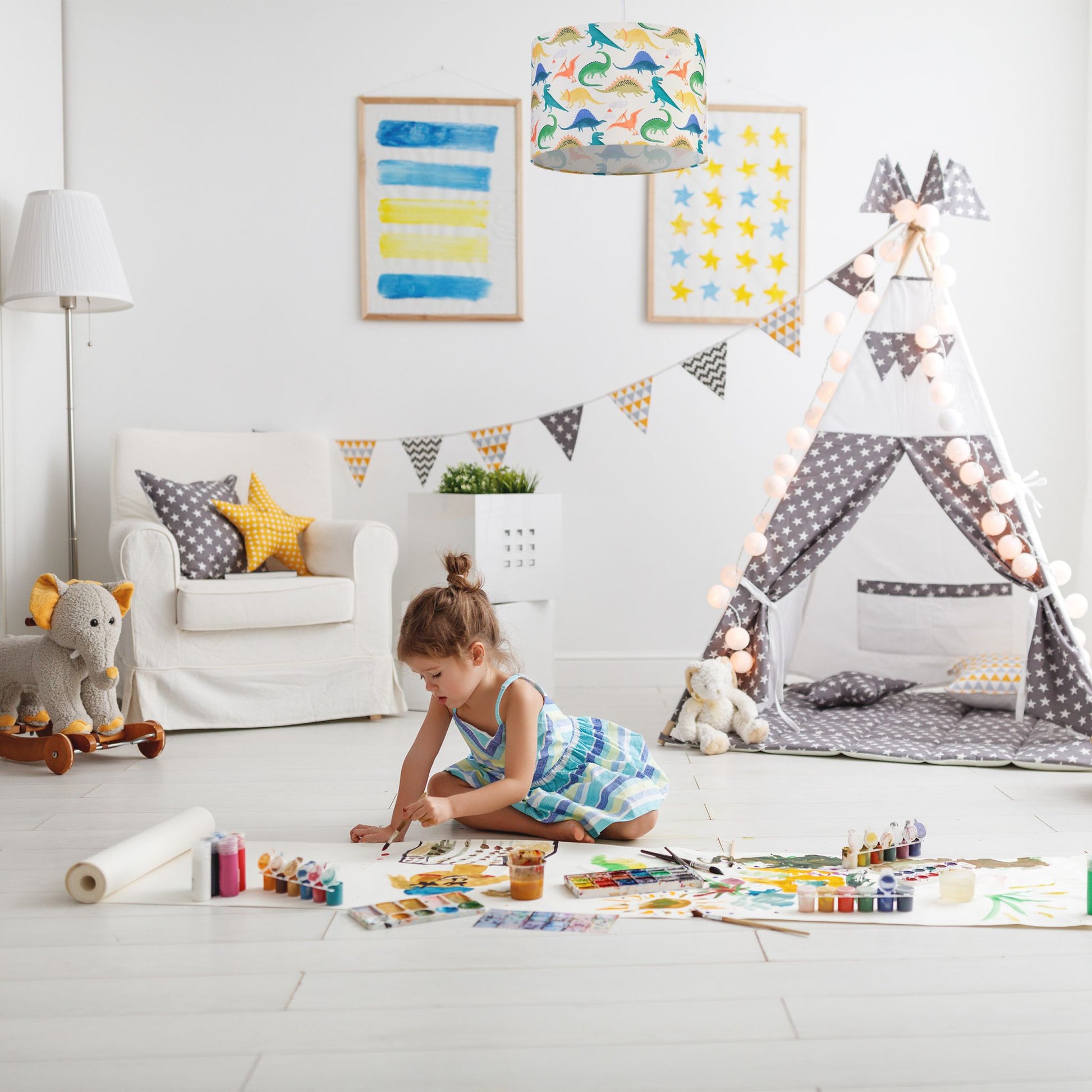 Dino Hängelampe Kinderzimmer Creme-Gelb-Grün von Relaxdays