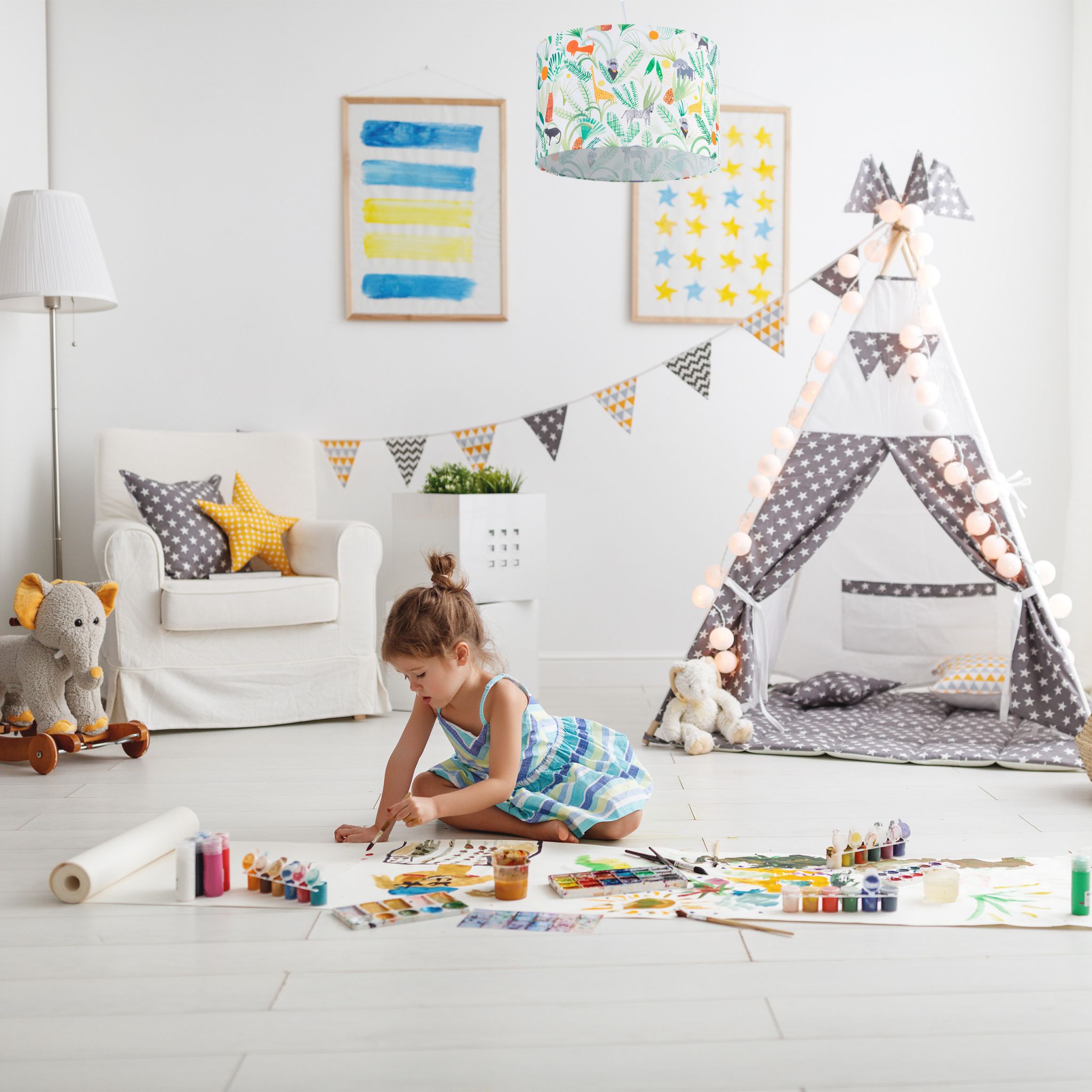 Dschungel Hängelampe Kinderzimmer Weiss-Gelb-Grün von Relaxdays