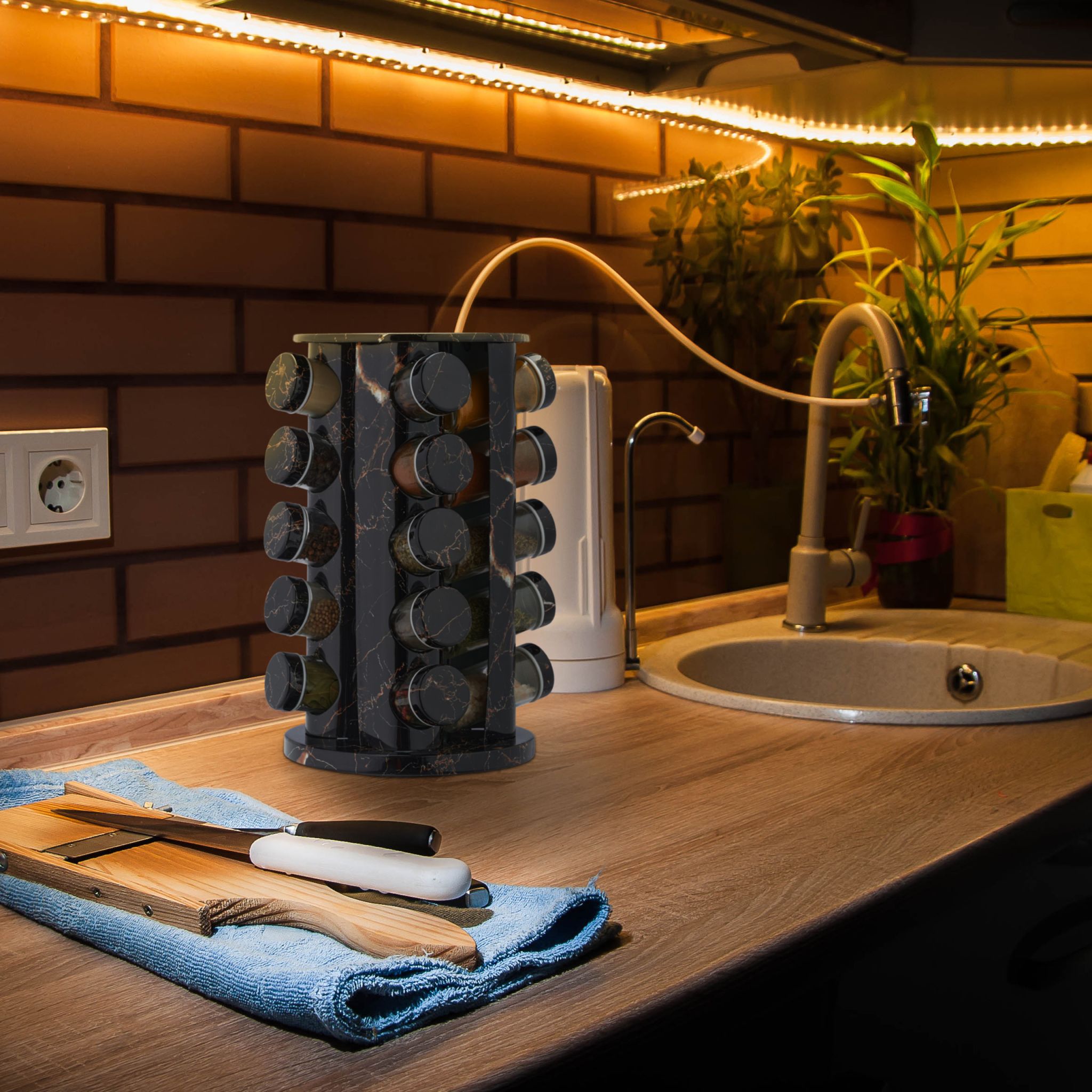 Gewürzkarussell in Marmoroptik Kupfer-Schwarz-Transparent von Relaxdays