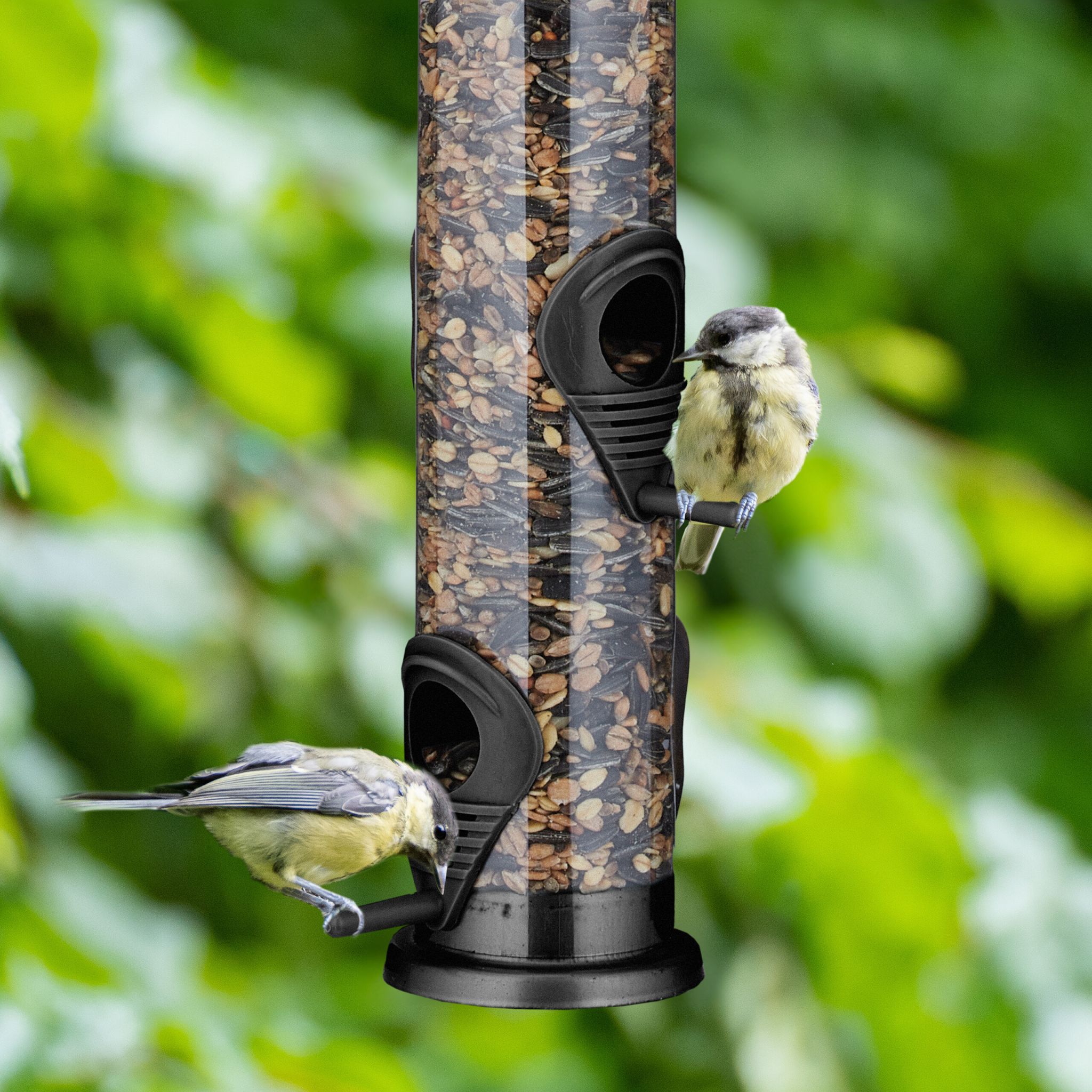 Vogelfutterspender zum Aufhängen Schwarz-Silber-Transparent von Relaxdays