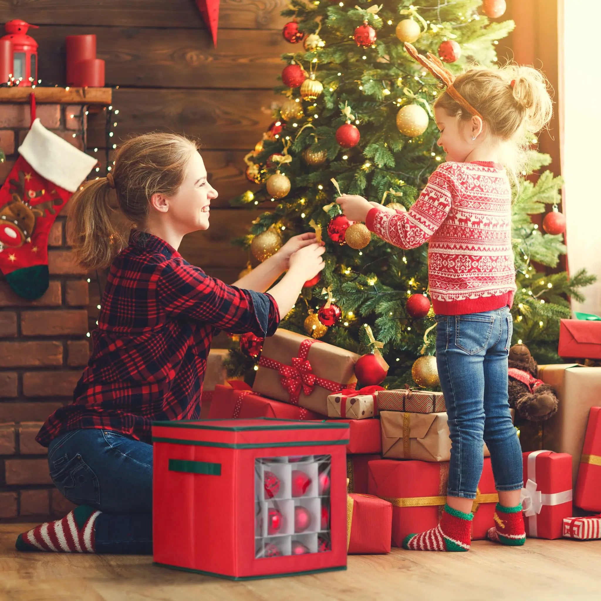 Weihnachtskugel Aufbewahrungsbox 2er-Set Weiss-Dunkelgrün-Rot von Relaxdays