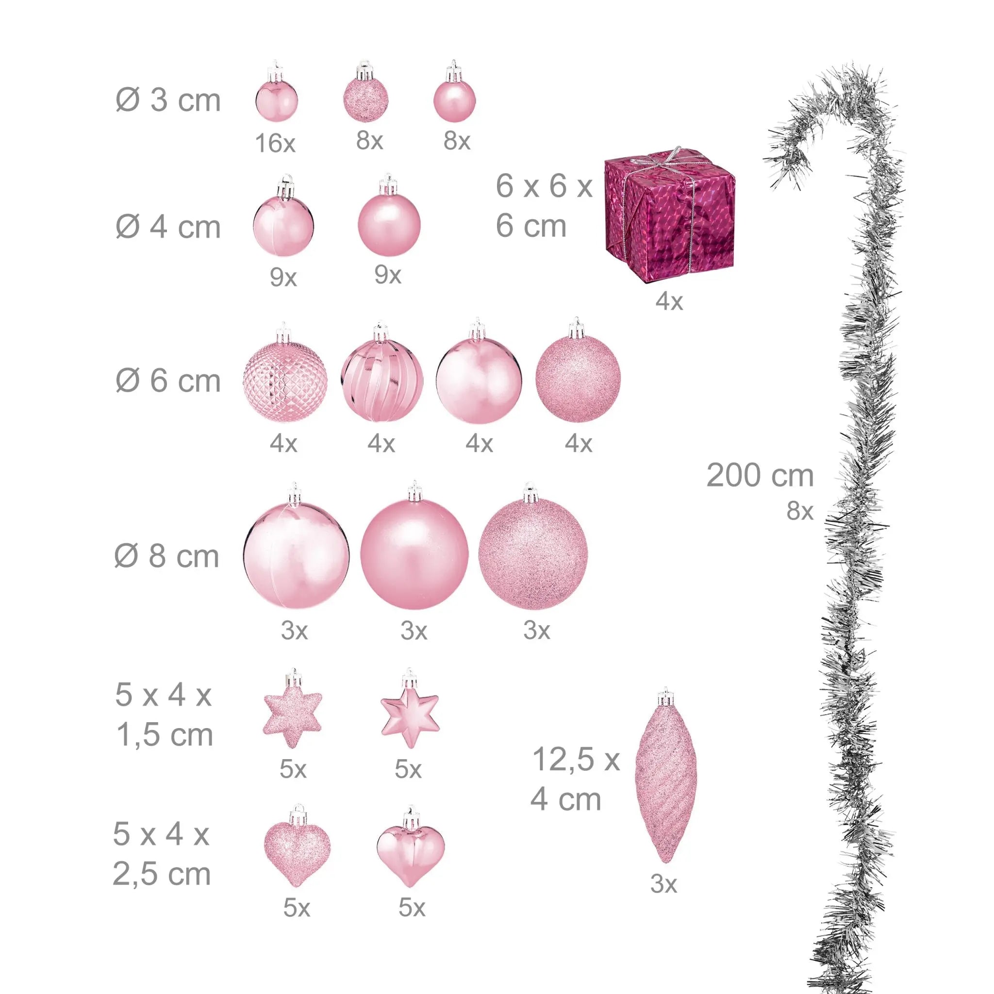 Weihnachtskugeln im 110er-Set Rosa-Silber von Relaxdays