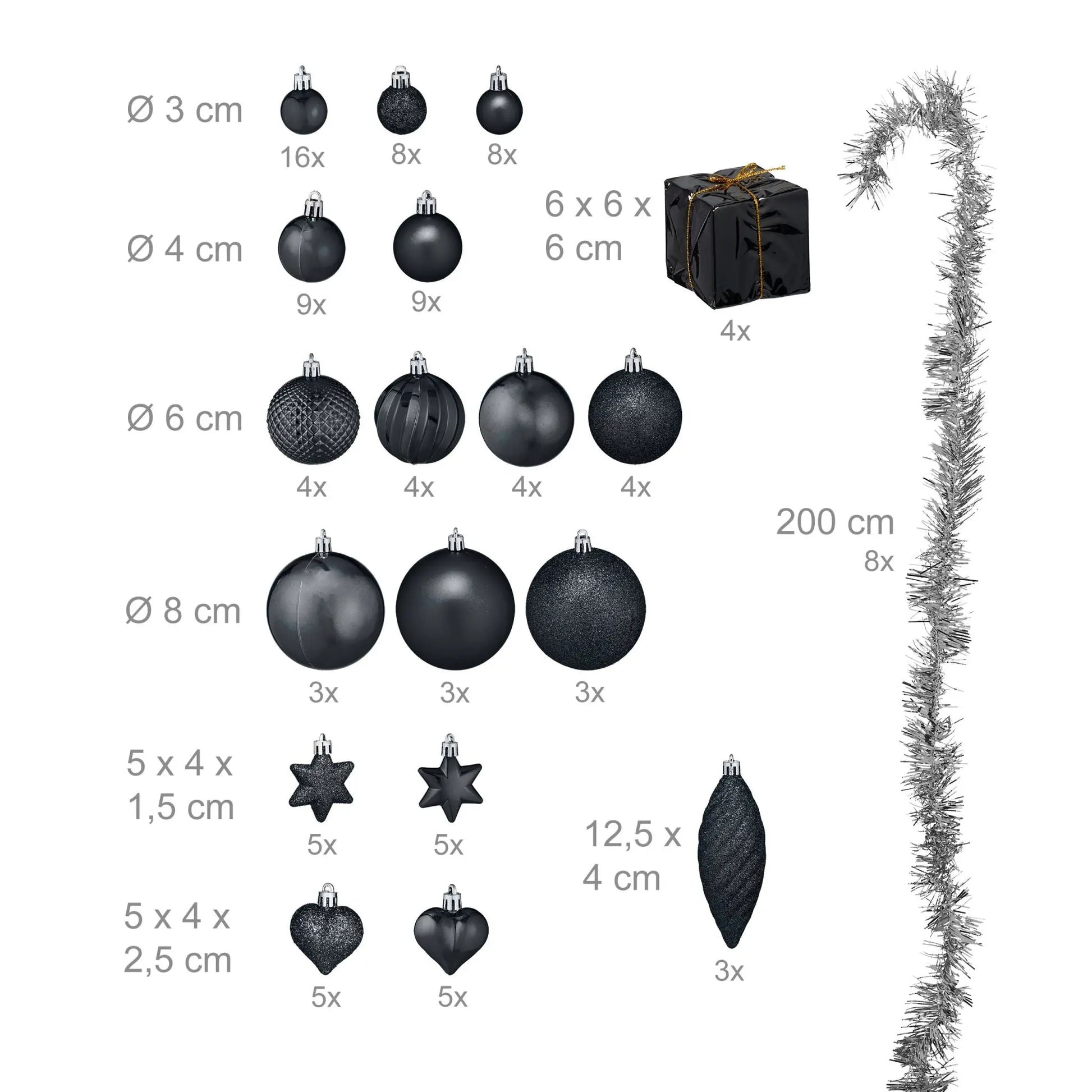 Weihnachtskugeln im 110er-Set Gold-Schwarz-Silber von Relaxdays
