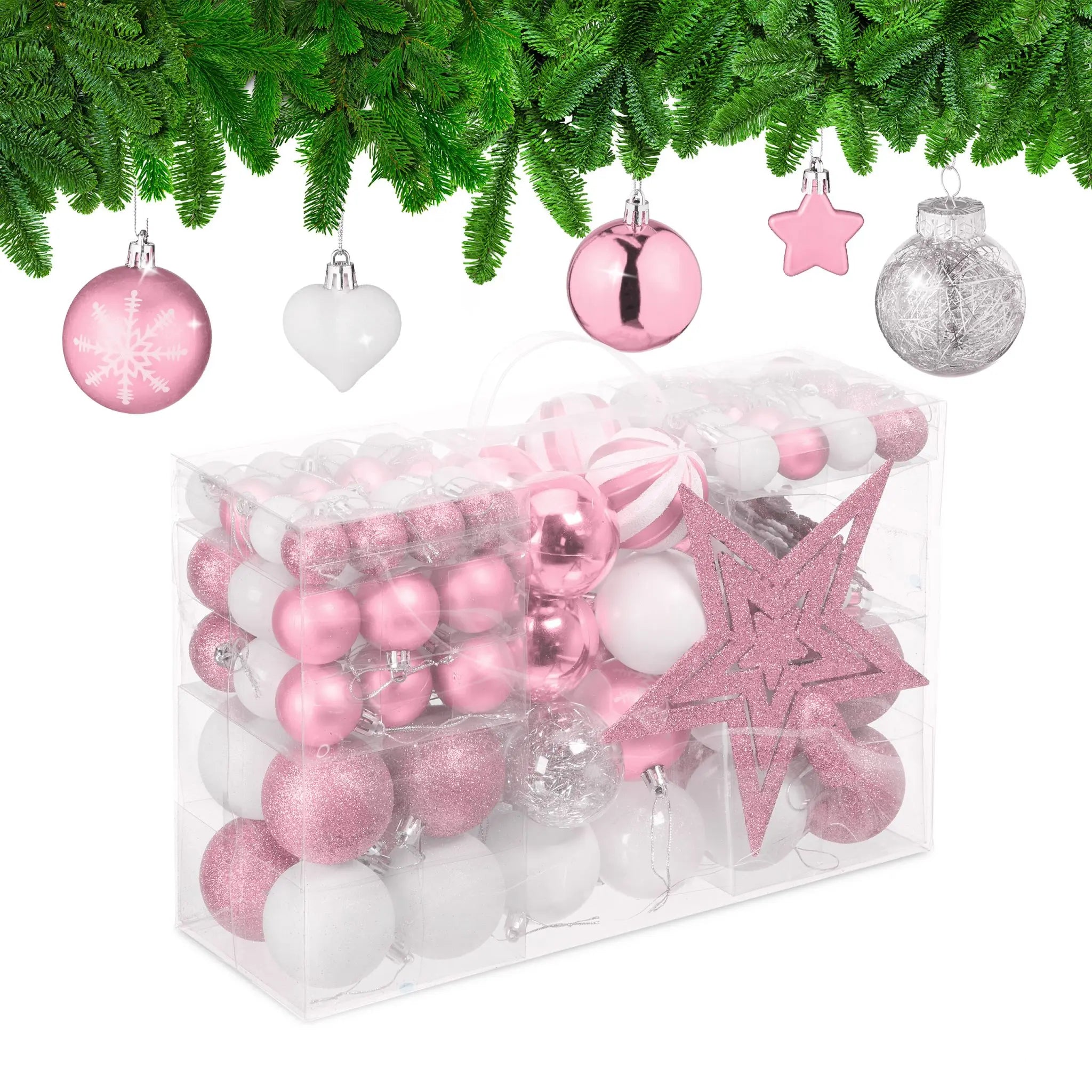 Weihnachtskugeln im 101er-Set Rosa-Weiss-Silber von Relaxdays