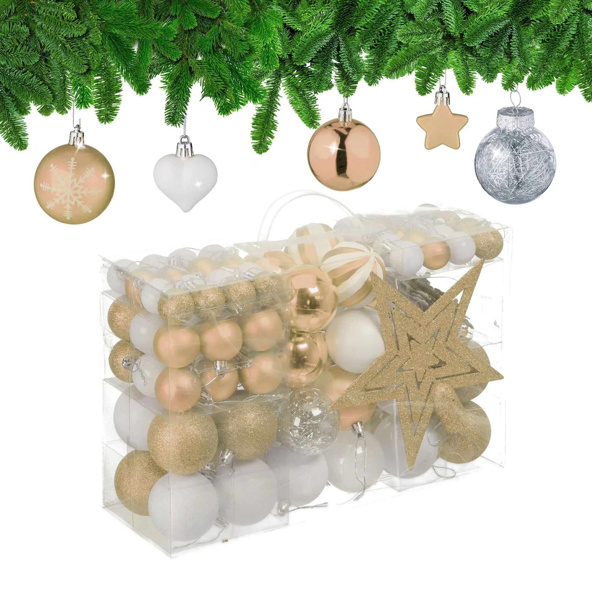 Weihnachtskugeln im 101er-Set Beige-Weiss-Silber von Relaxdays