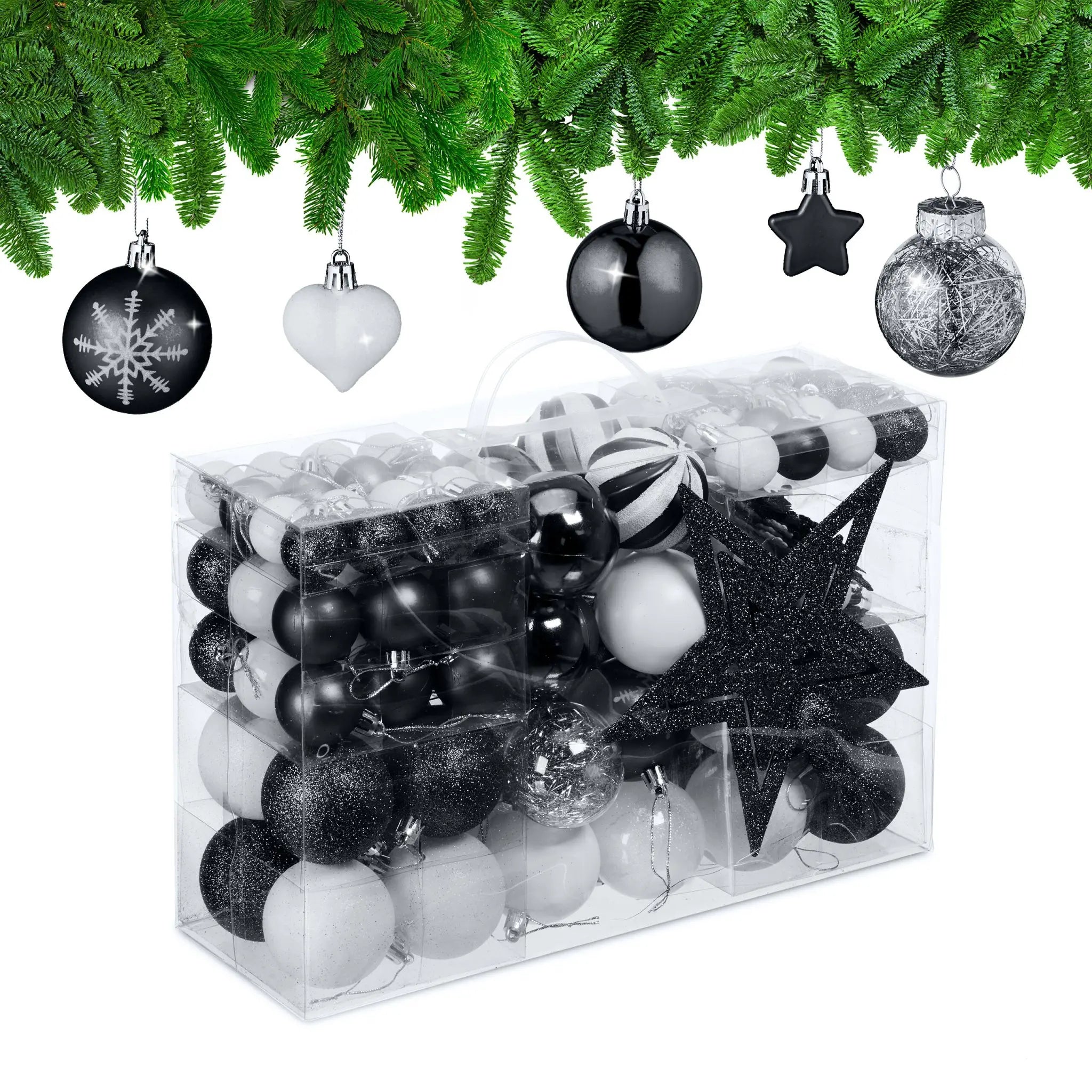 Weihnachtskugeln im 101er-Set Schwarz-Weiss-Silber von Relaxdays