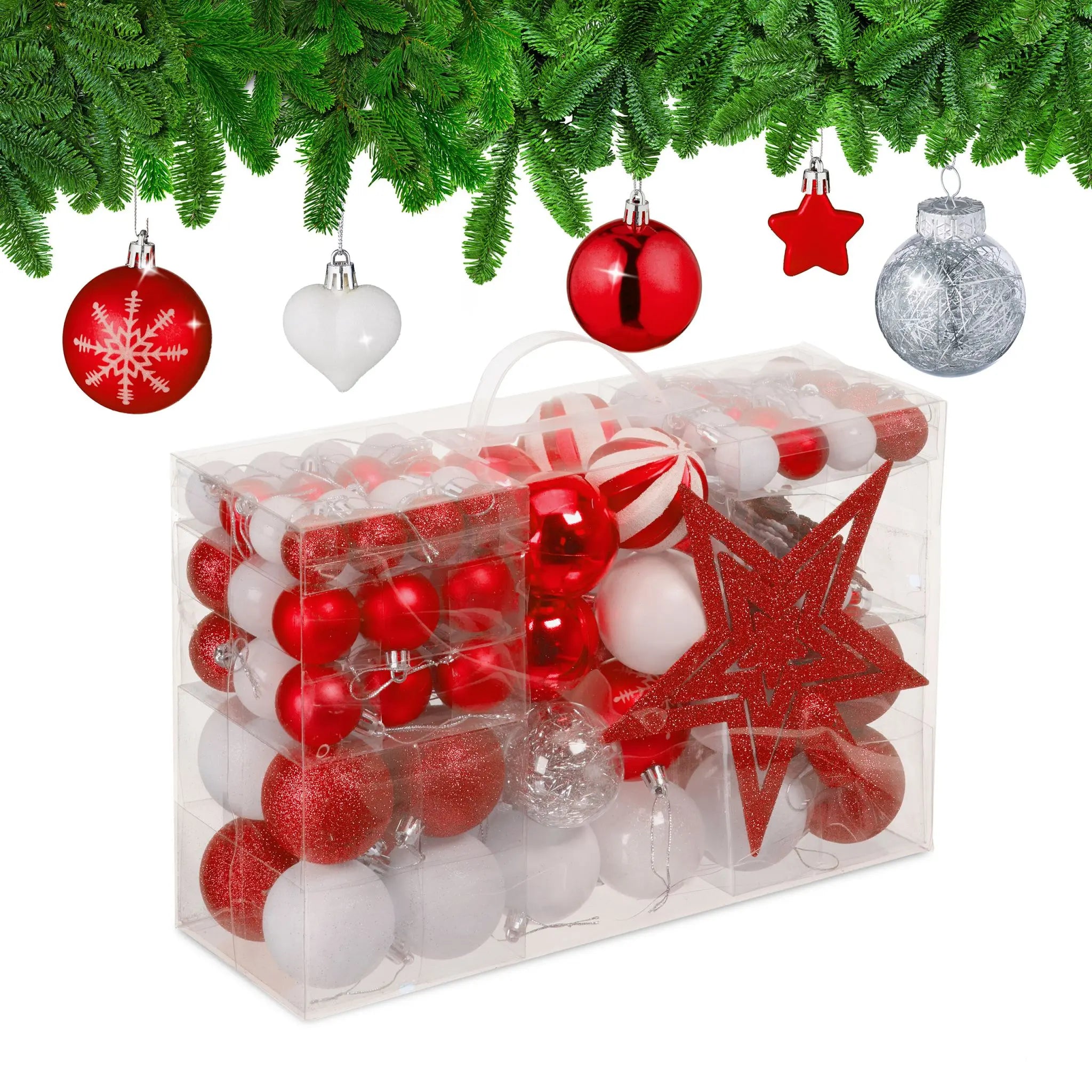 Weihnachtskugeln im 101er-Set Rot-Weiss-Silber von Relaxdays