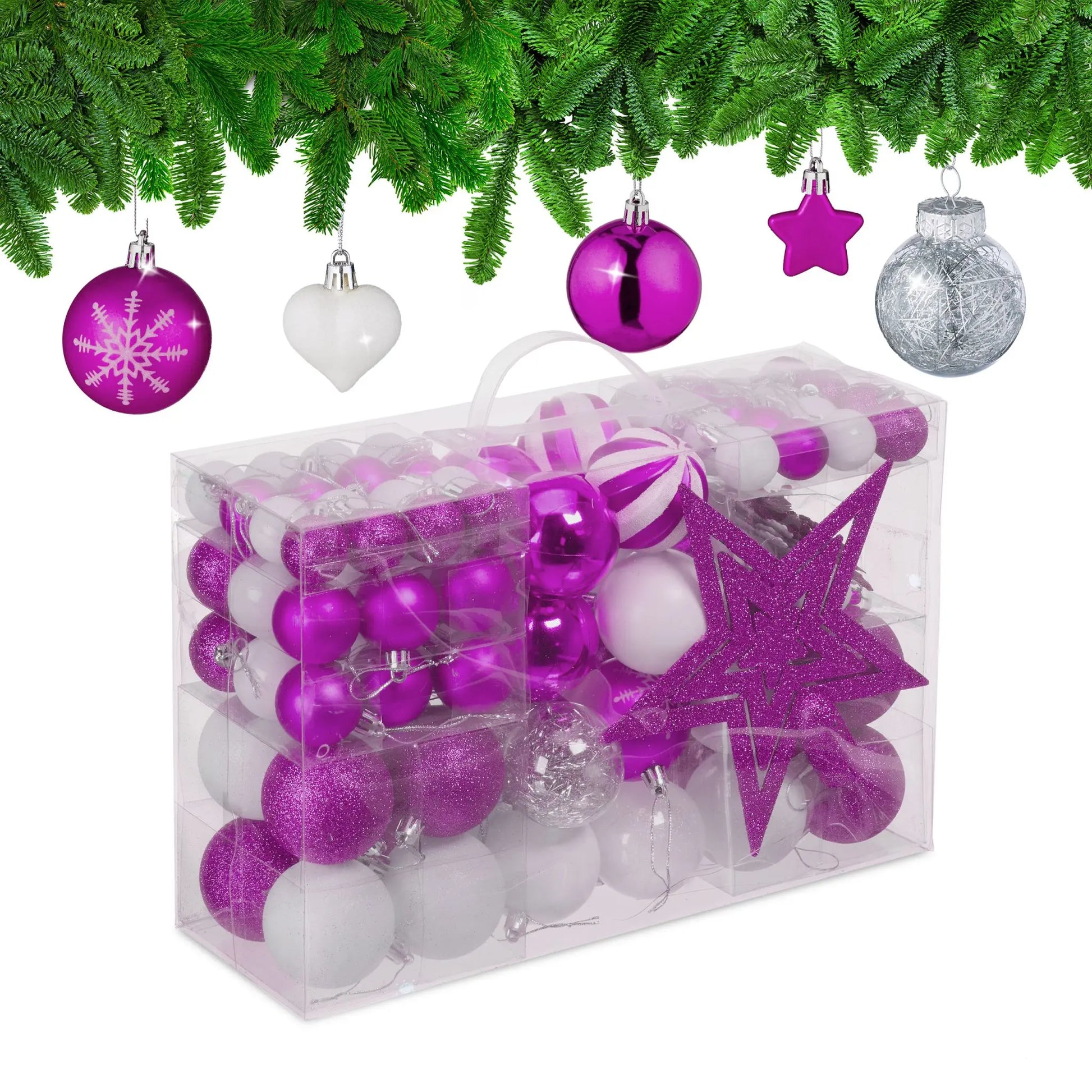 Weihnachtskugeln im 101er-Set Pink-Weiss-Silber von Relaxdays