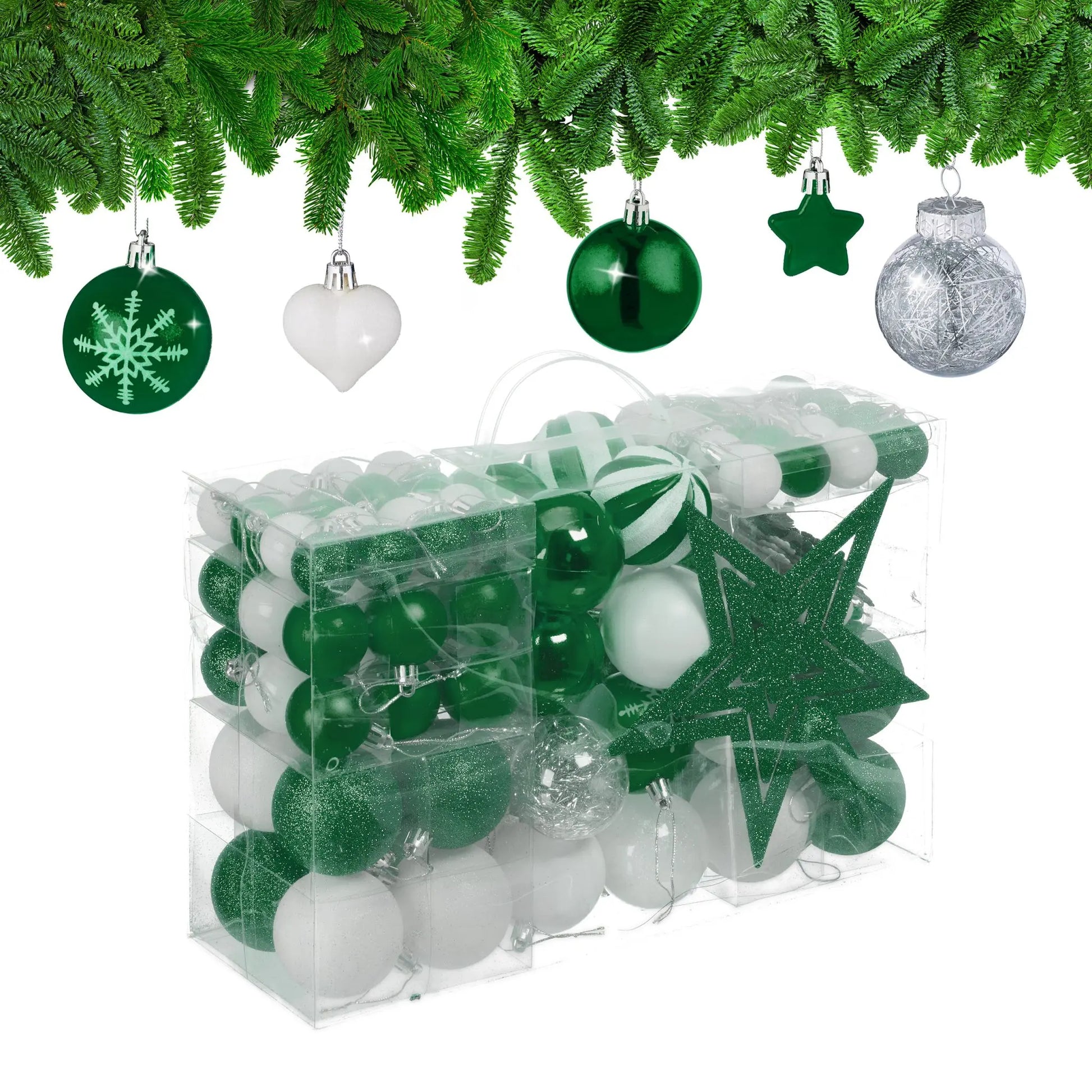 Weihnachtskugeln im 101er-Set Dunkelgrün-Weiss-Silber von Relaxdays
