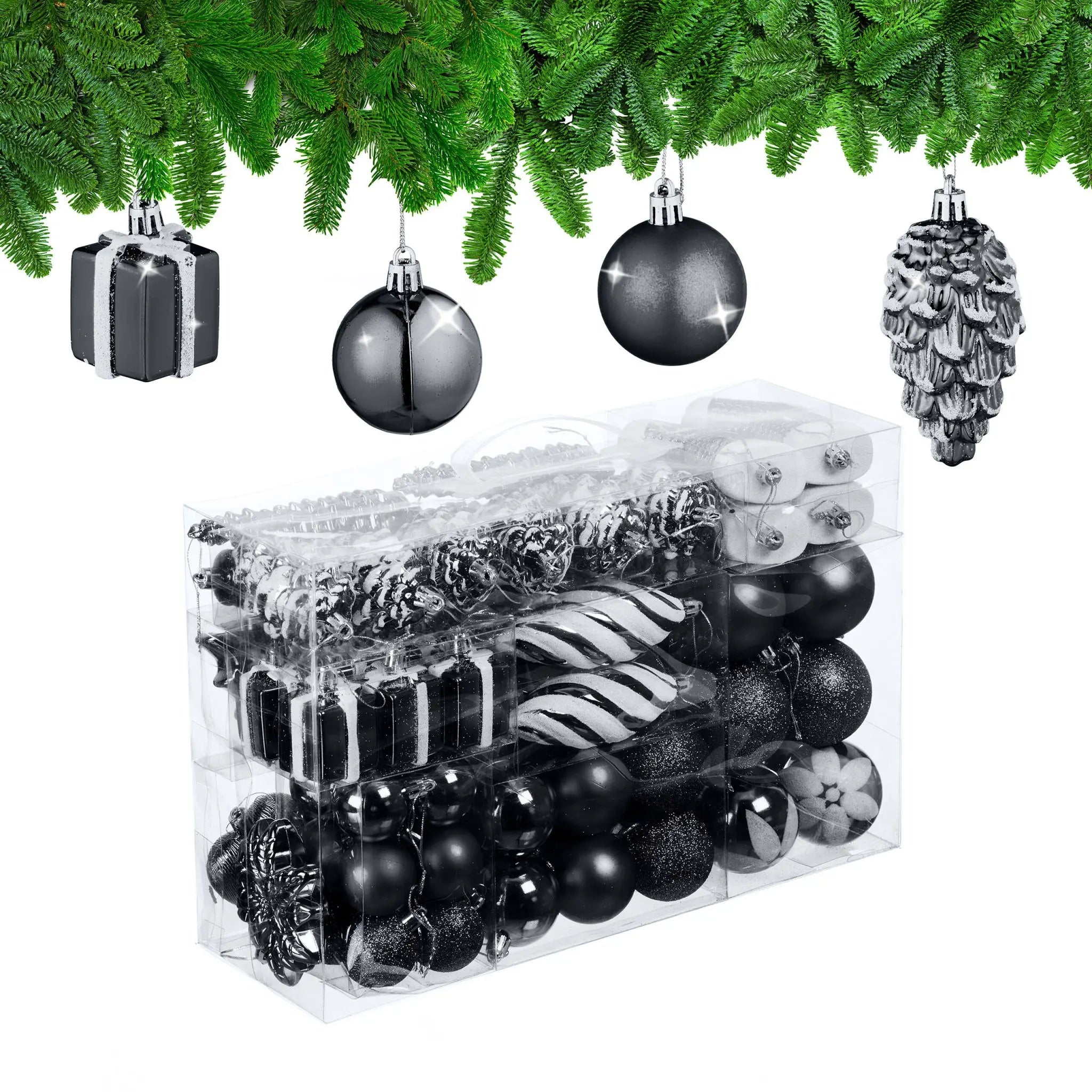 Weihnachtskugeln im 72er-Set Schwarz-Weiss von Relaxdays