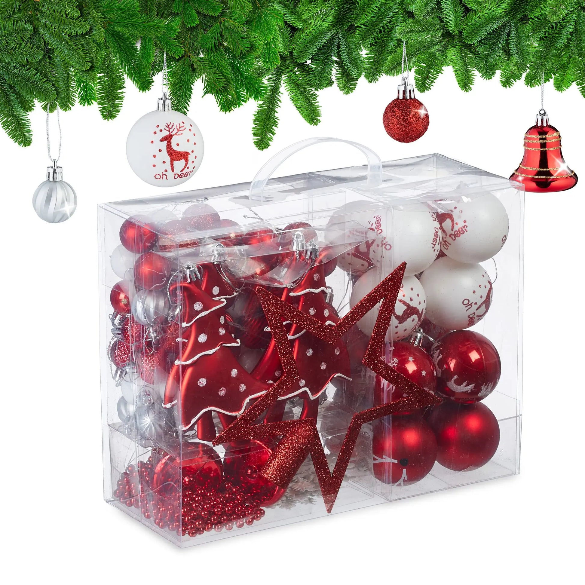 Weihnachtskugeln im 103er-Set Rot-Weiss-Silber von Relaxdays