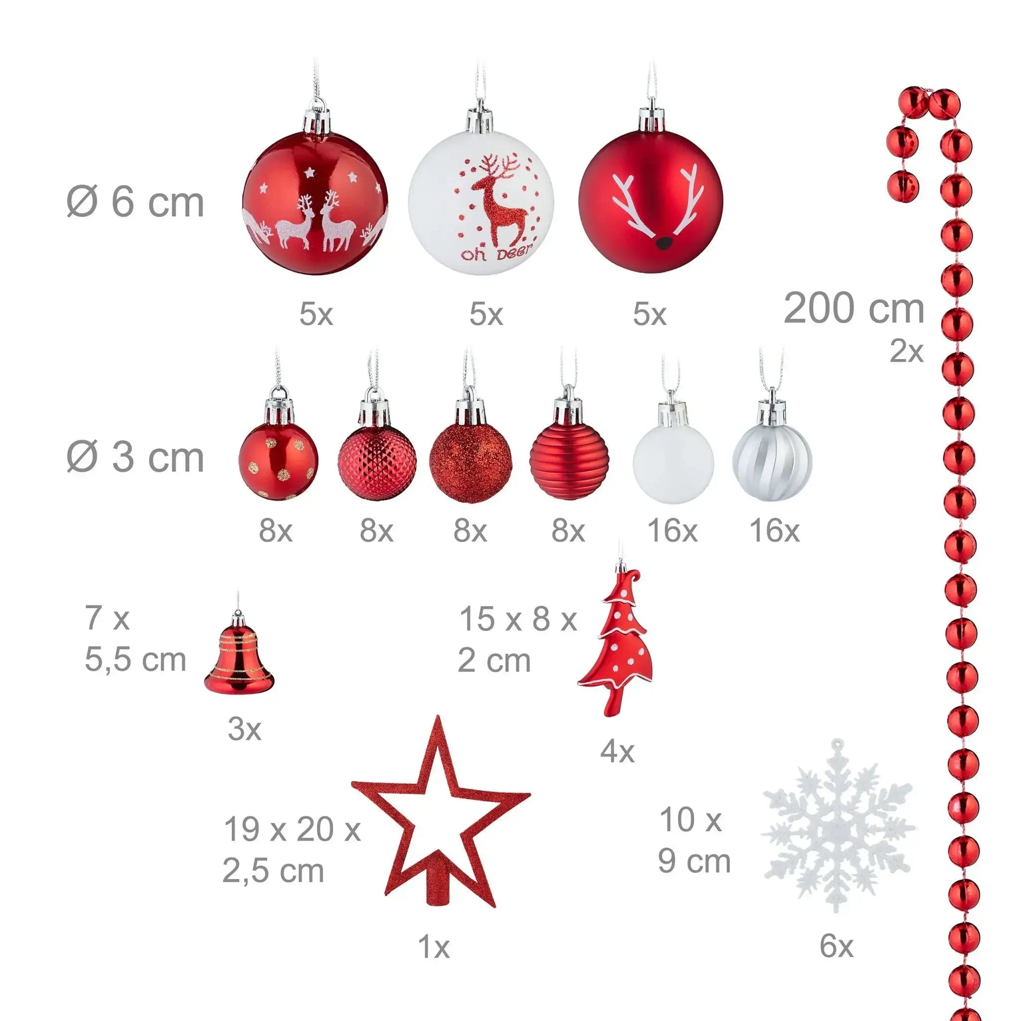 Weihnachtskugeln im 103er-Set Rot-Weiss-Silber von Relaxdays