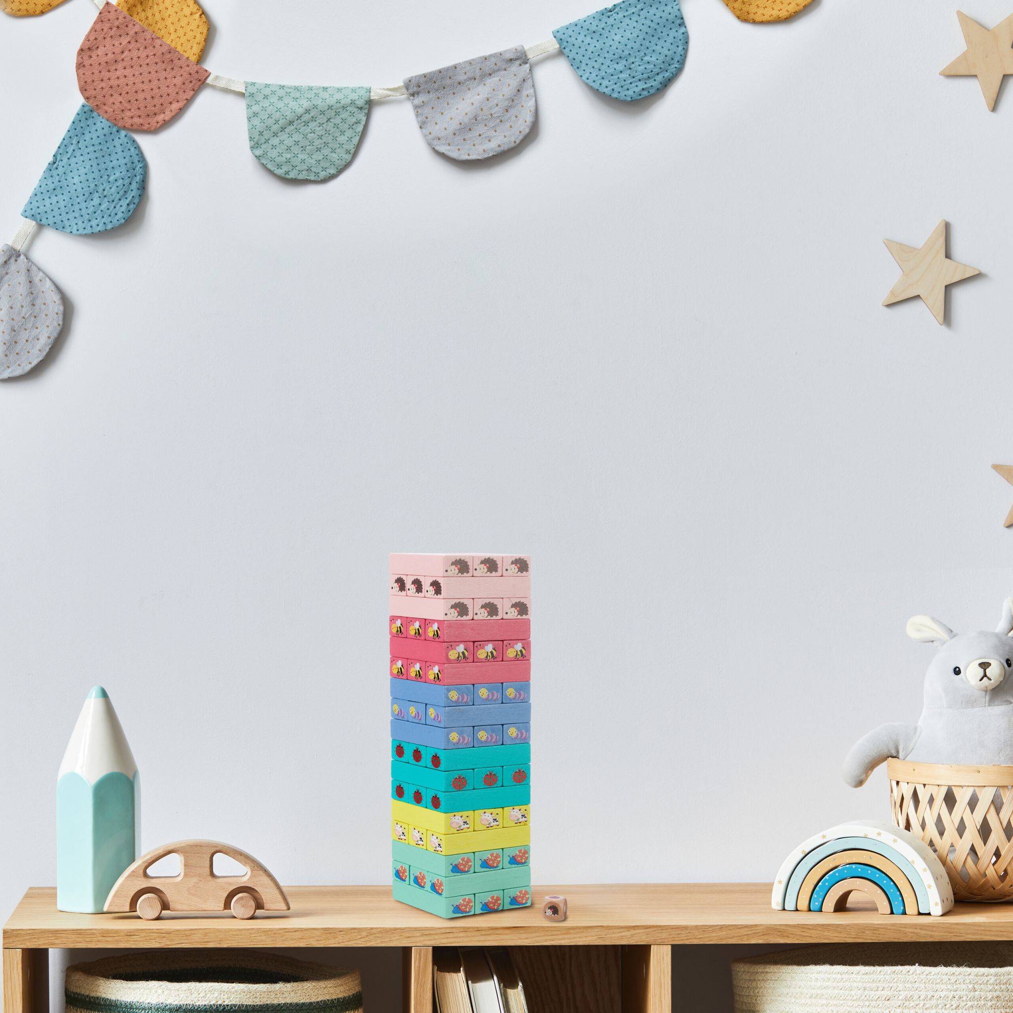 Wackelturm Holz mit Tieren Gelb-Rosa-Türkis von Relaxdays