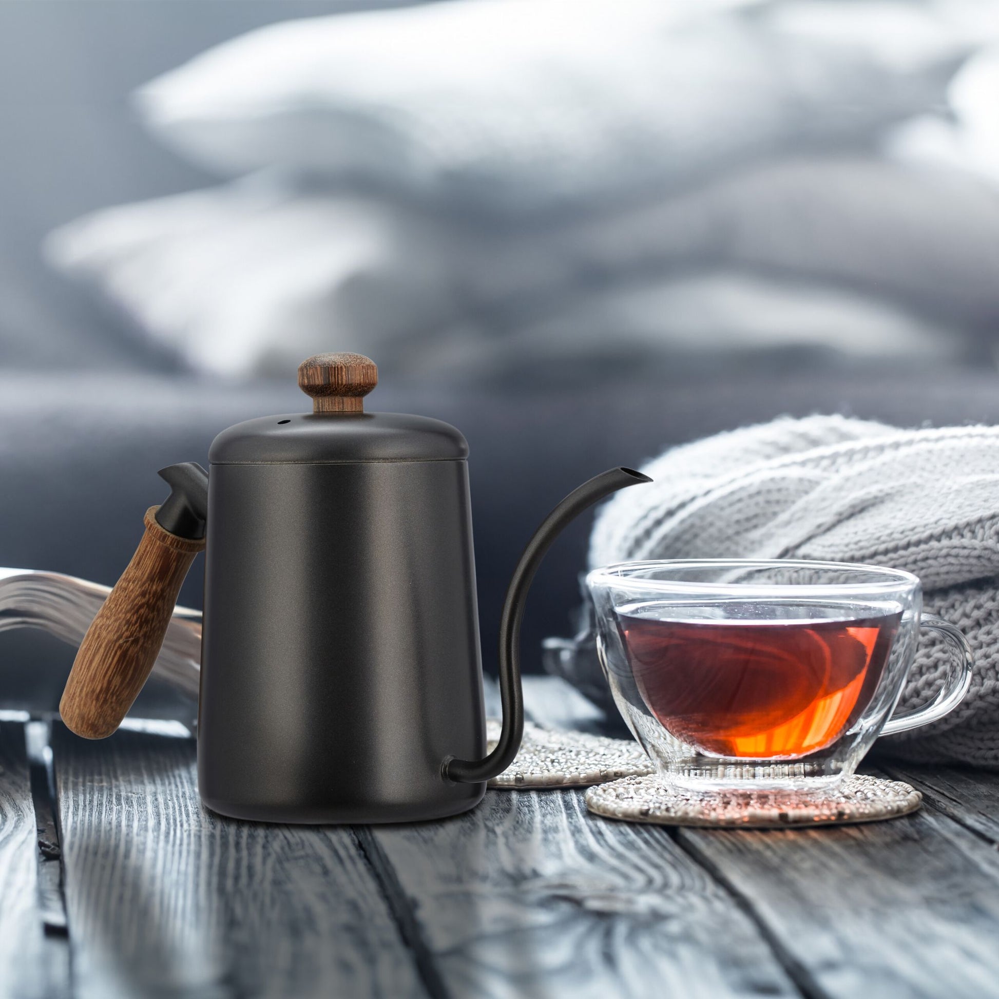 Edelstahl Teekanne mit Holzgriff Anthrazit-Braun von Relaxdays