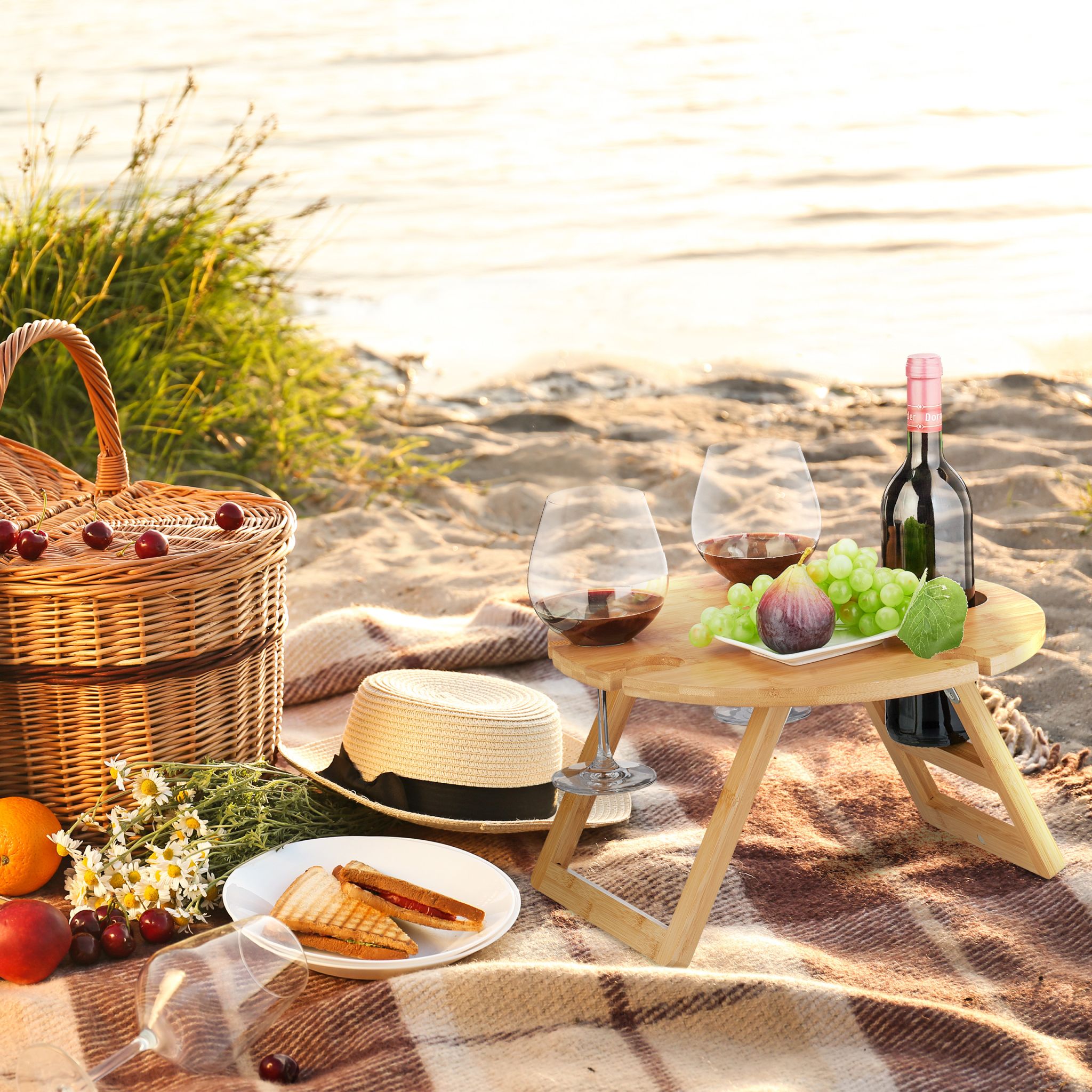 Runder Picknick Weintisch Bambus Hellbraun von Relaxdays
