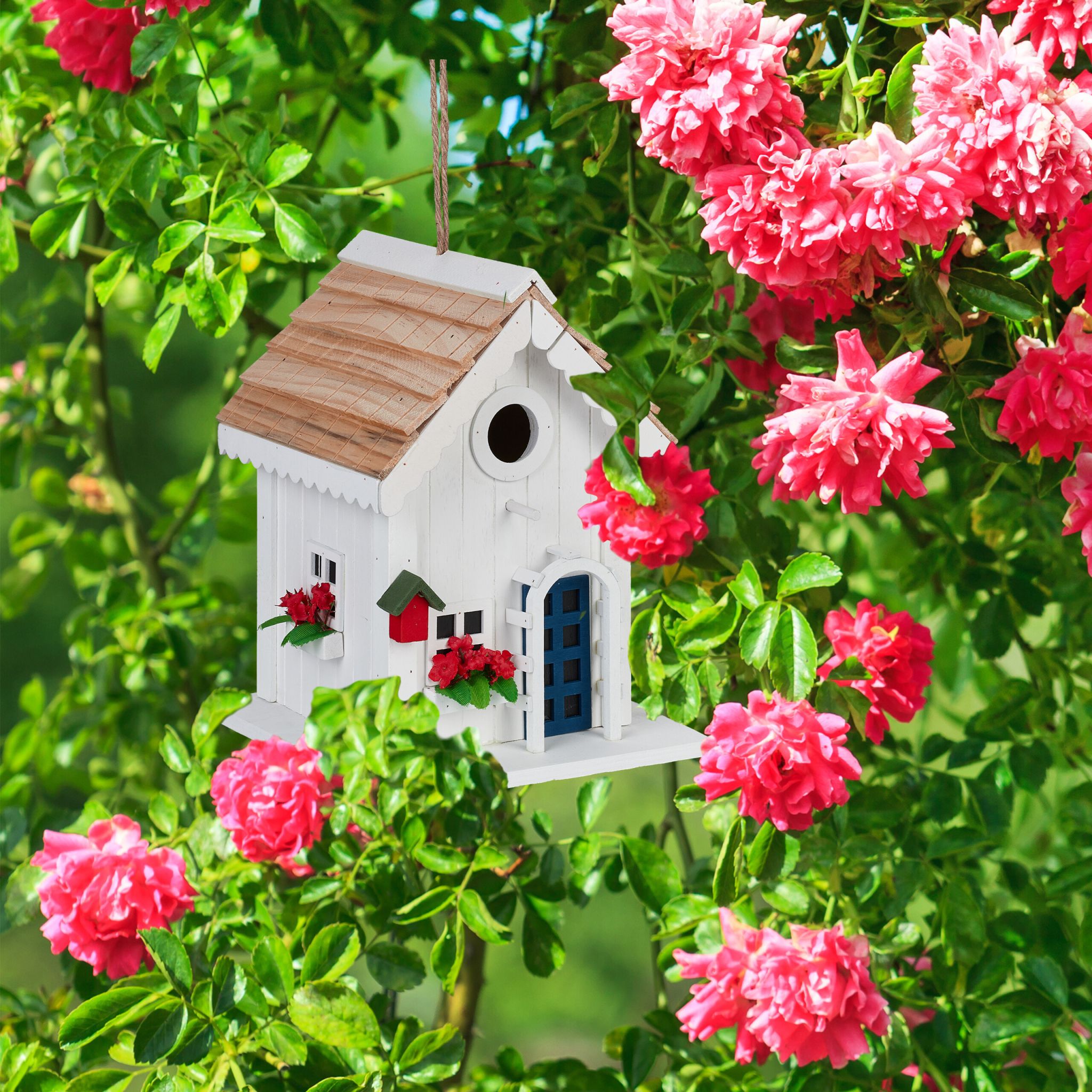 Deko Vogelhaus Landhausstil Weiss-Hellbraun-Rot von Relaxdays