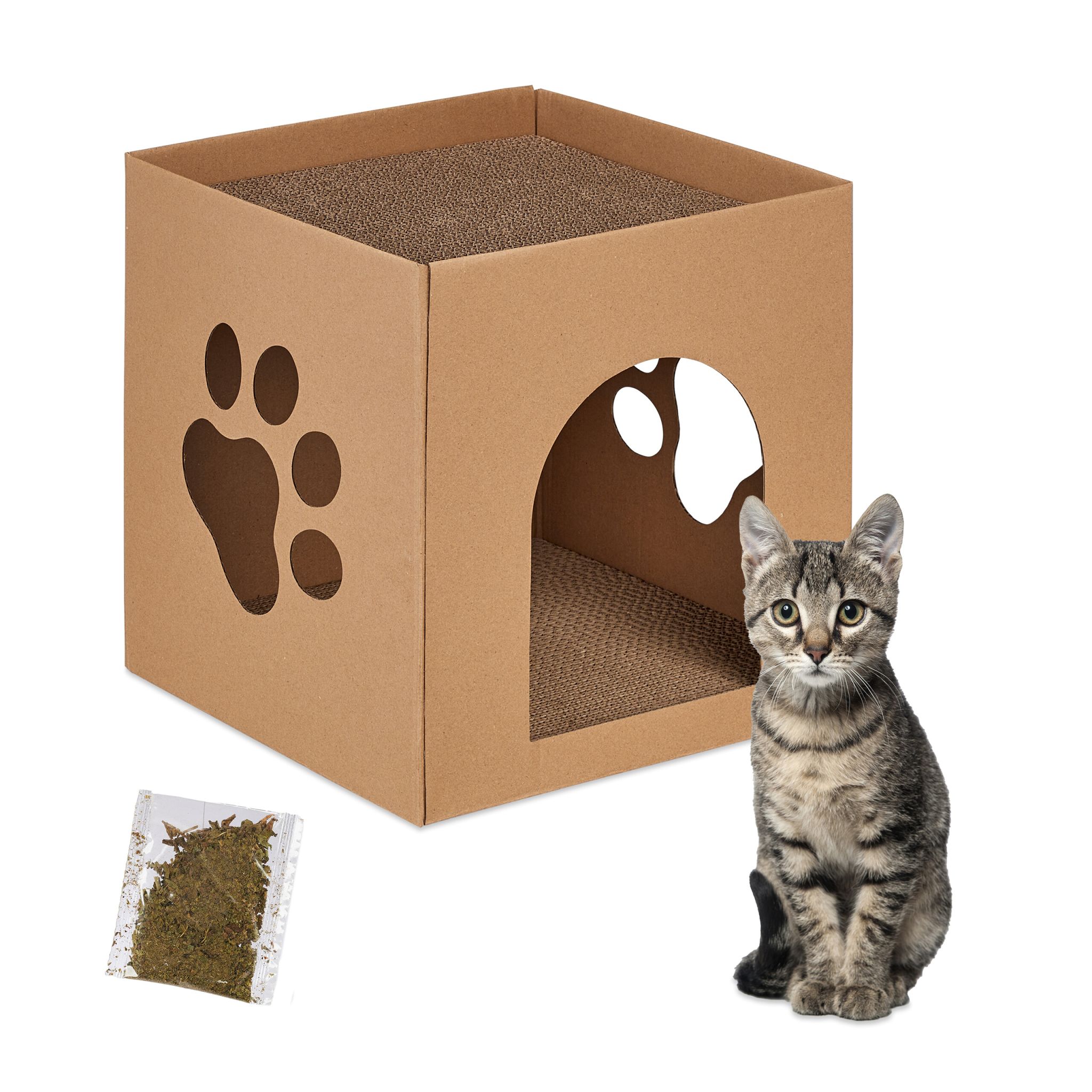 Katzenhaus Pappe mit Kratzbrett Hellbraun von Relaxdays