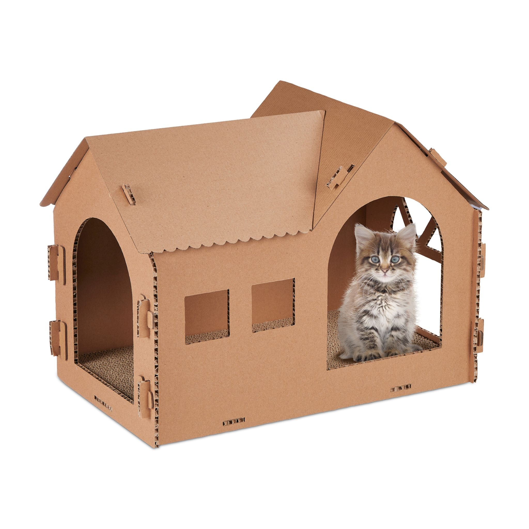 Katzenhaus Pappe mit Kratzbrett Hellbraun von Relaxdays