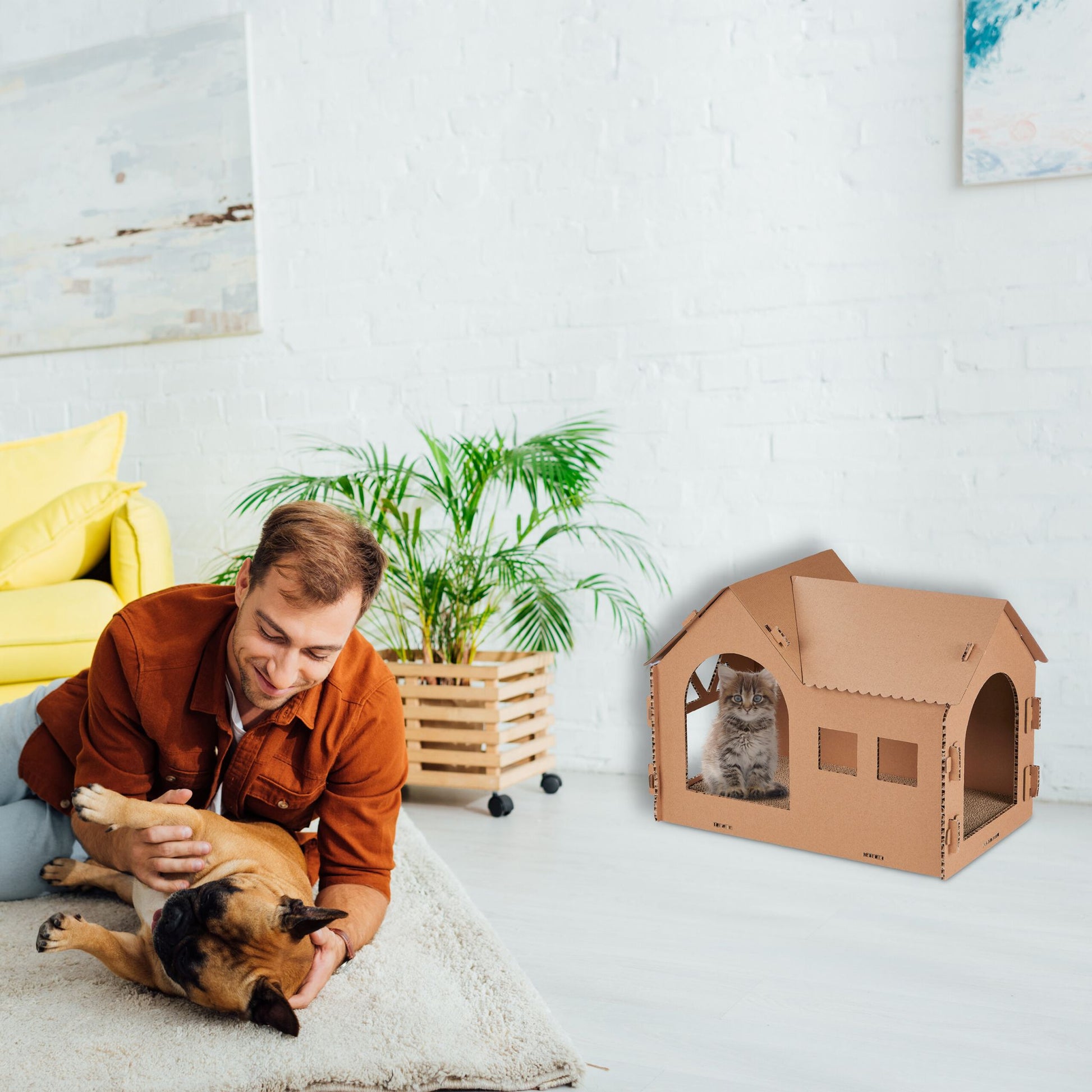Katzenhaus Pappe mit Kratzbrett Hellbraun von Relaxdays