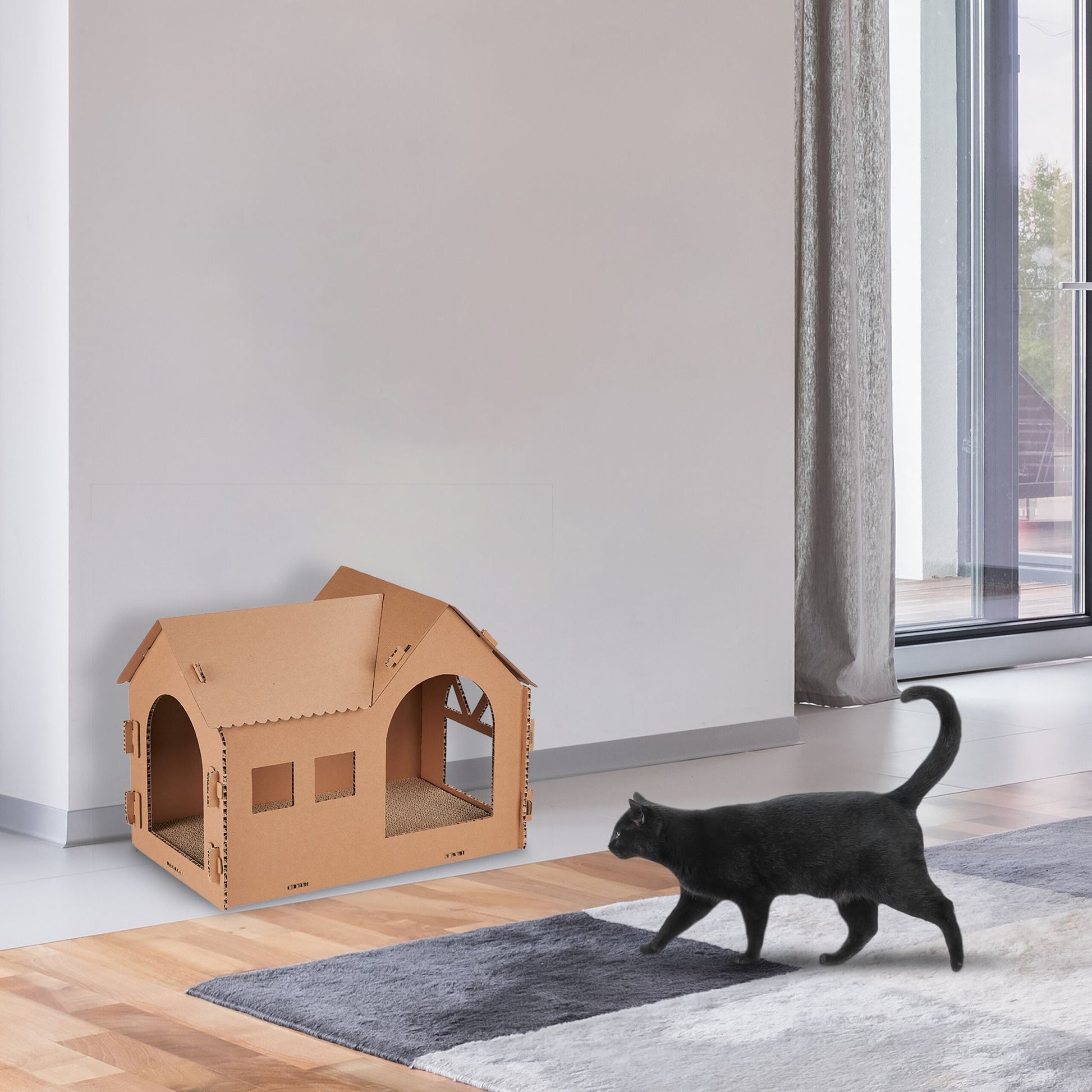 Katzenhaus Pappe mit Kratzbrett Hellbraun von Relaxdays