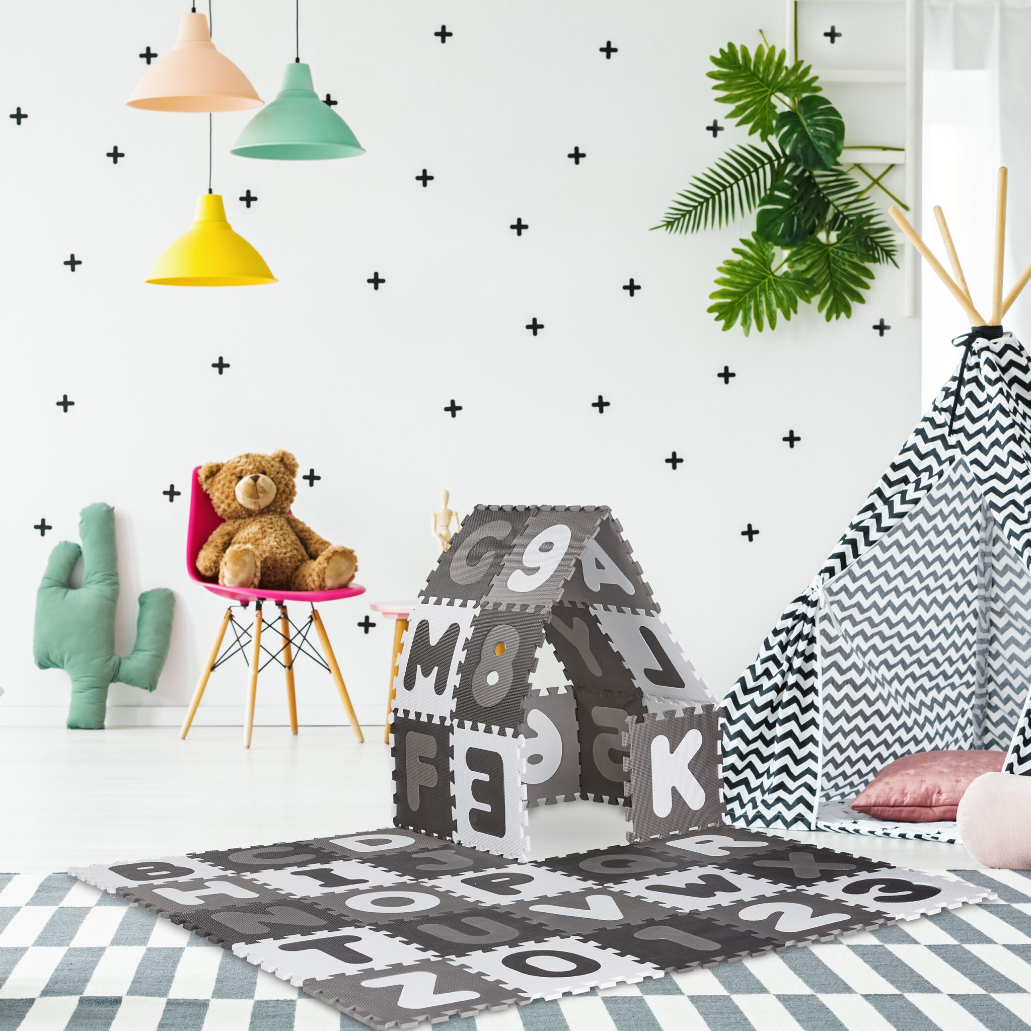 Puzzlematte ABC und Zahlen Anthrazit-Weiss-Grau von Relaxdays