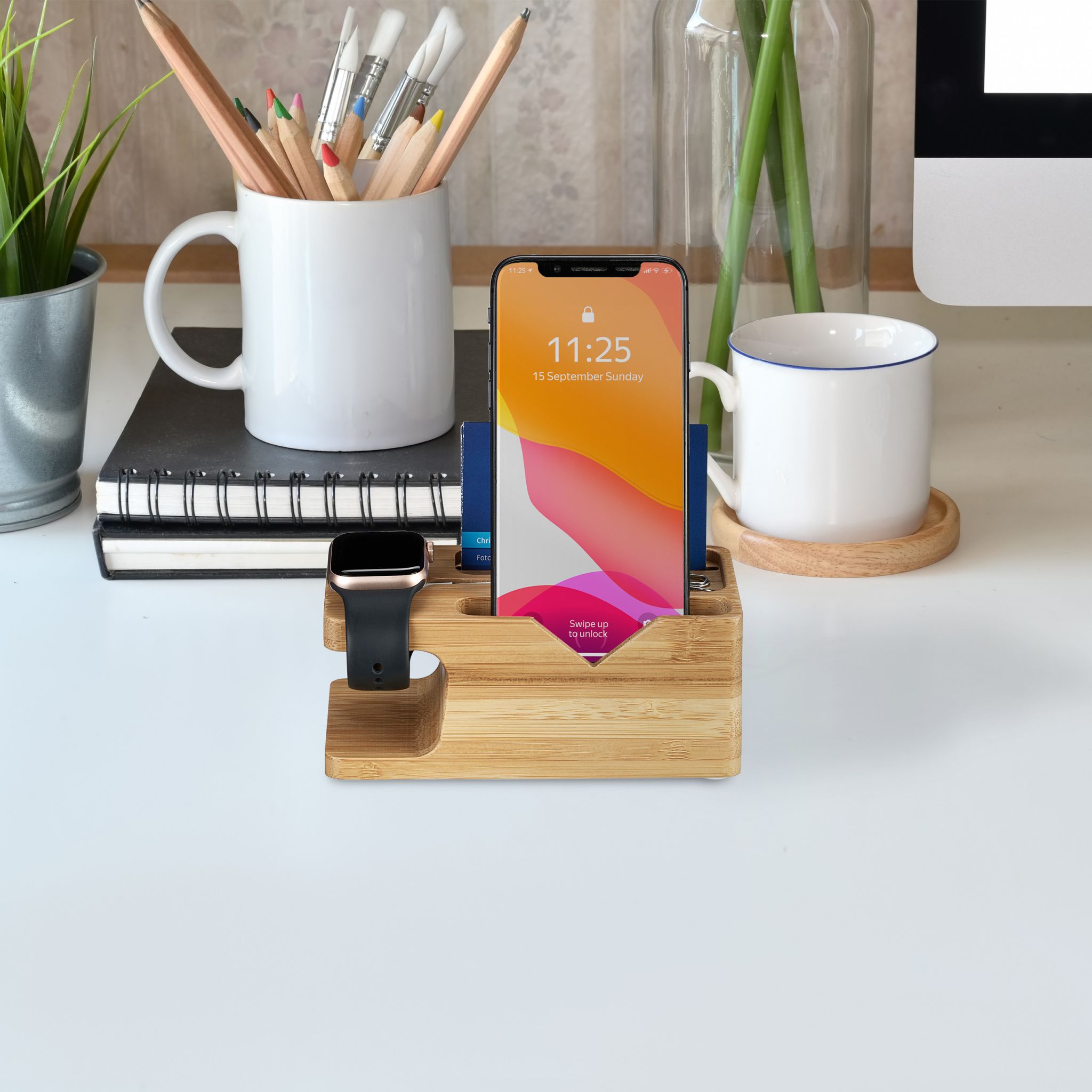 Ladestation Smartphone und Smartwatch Hellbraun von Relaxdays