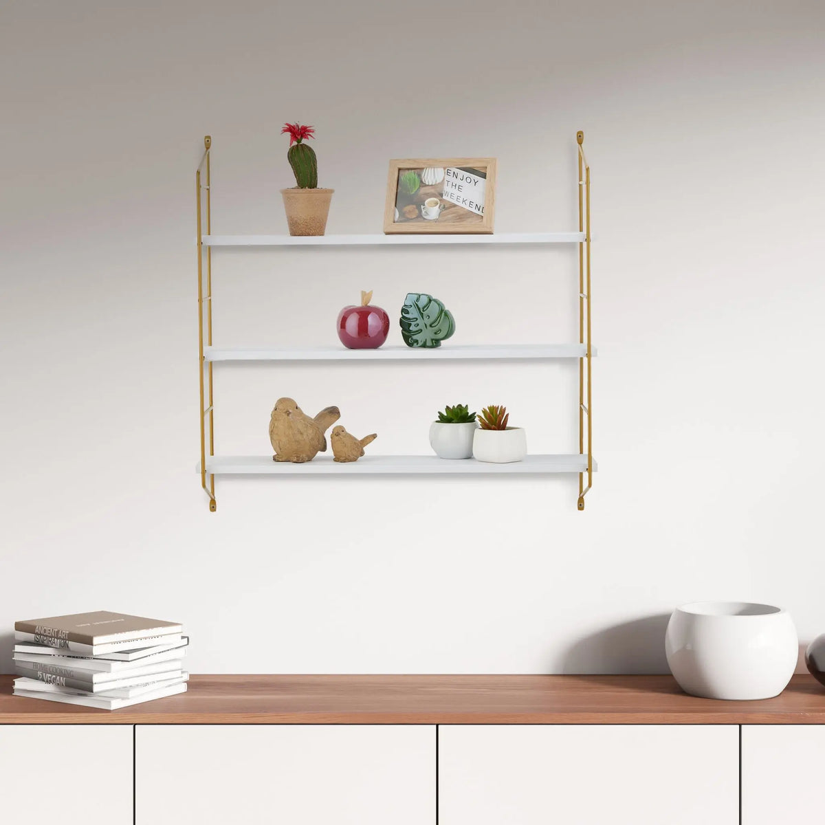 Wandregal mit 3 Ablagen Weiss-Gold von Relaxdays
