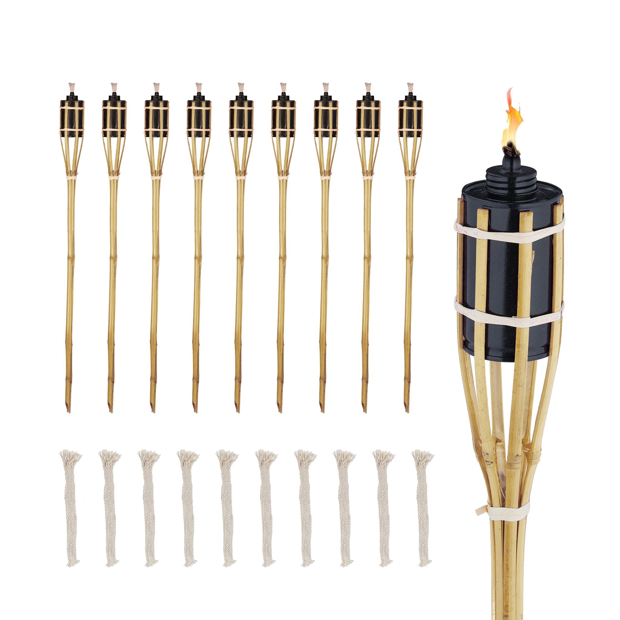 Gartenfackeln Bambus 80cm 10er-Set Hellbraun-Schwarz von Relaxdays
