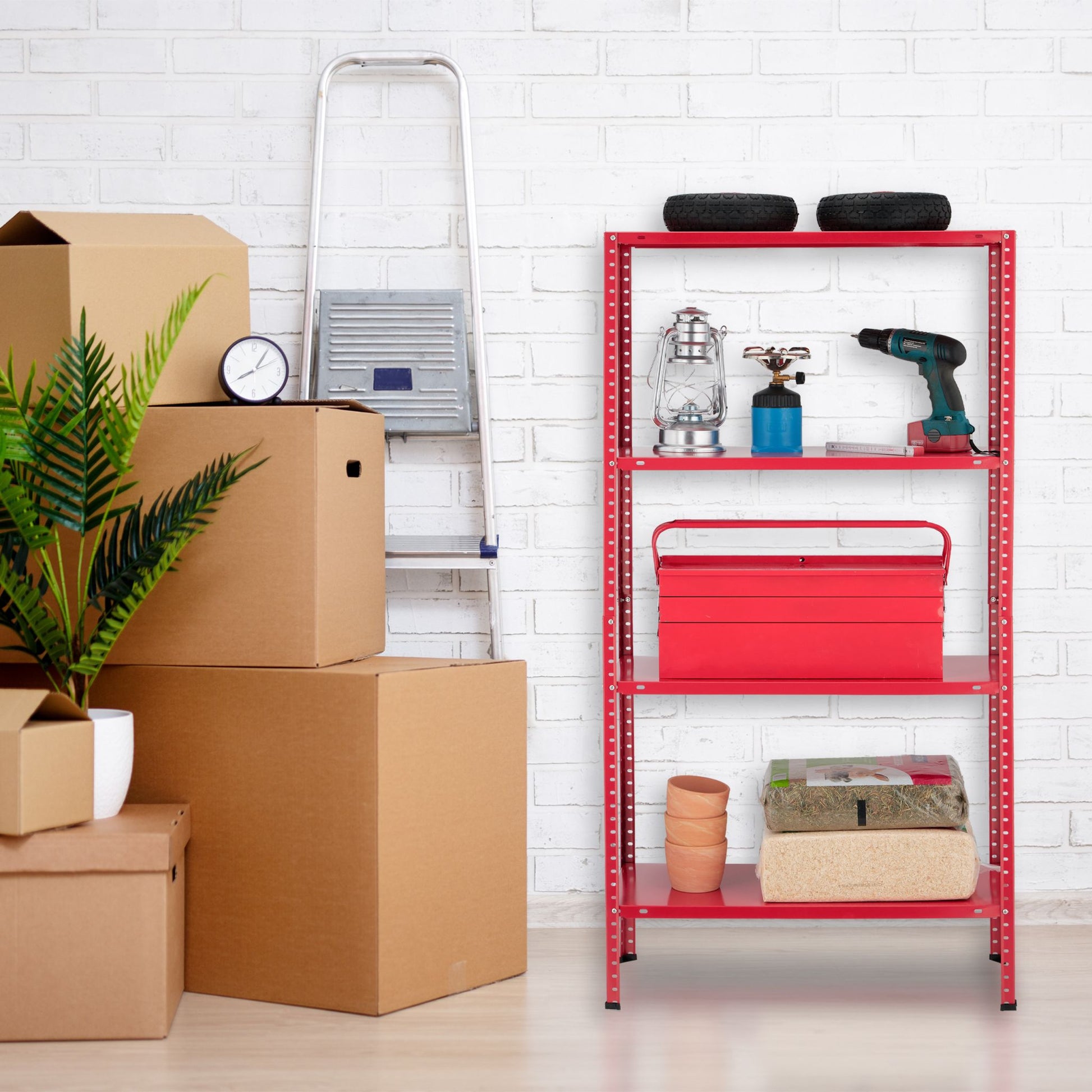 Schwerlastregal mit 4 Ebenen Rot von Relaxdays