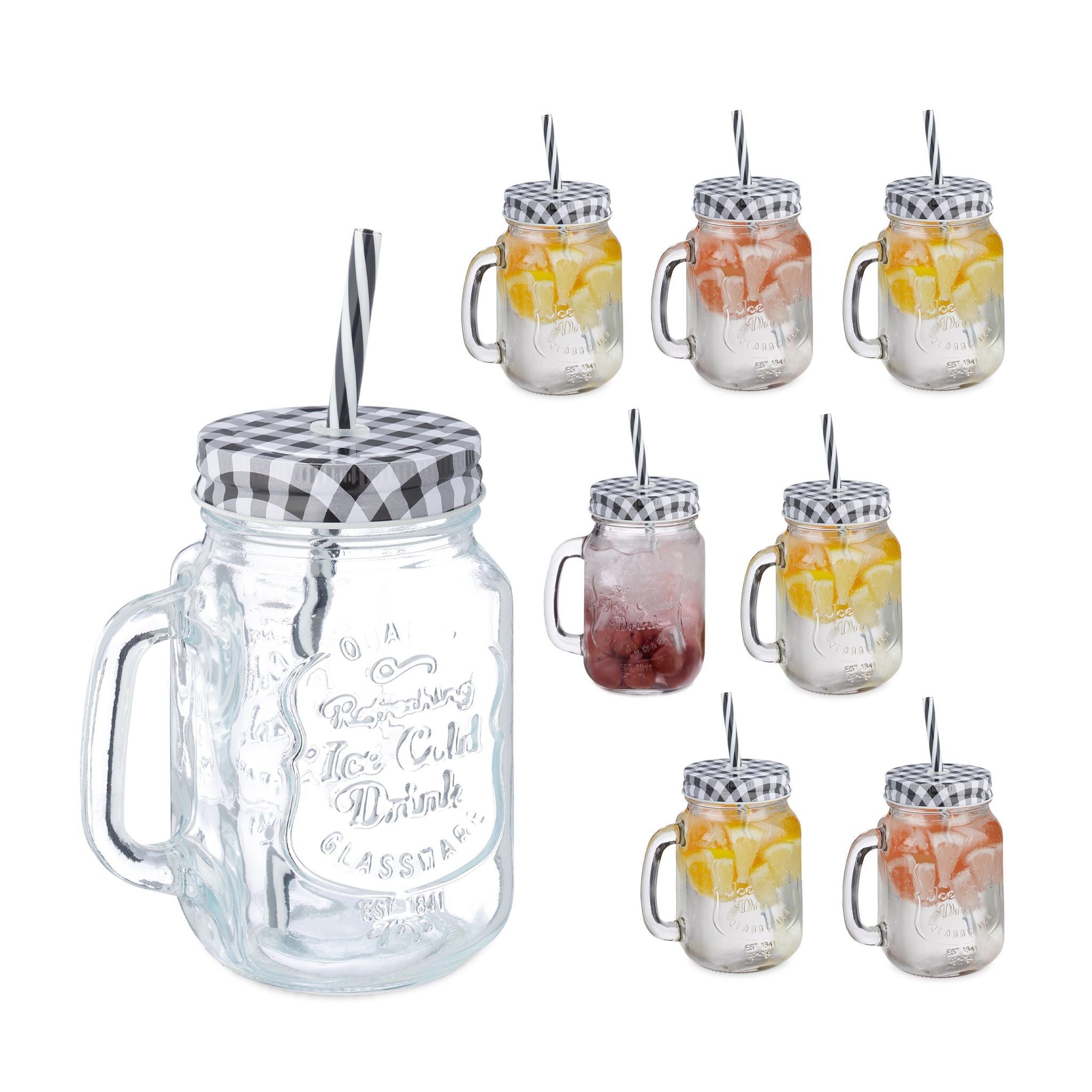 Trinkgläser mit Deckel kariert 8er-Set Weiss-Schwarz-Transparent von Relaxdays