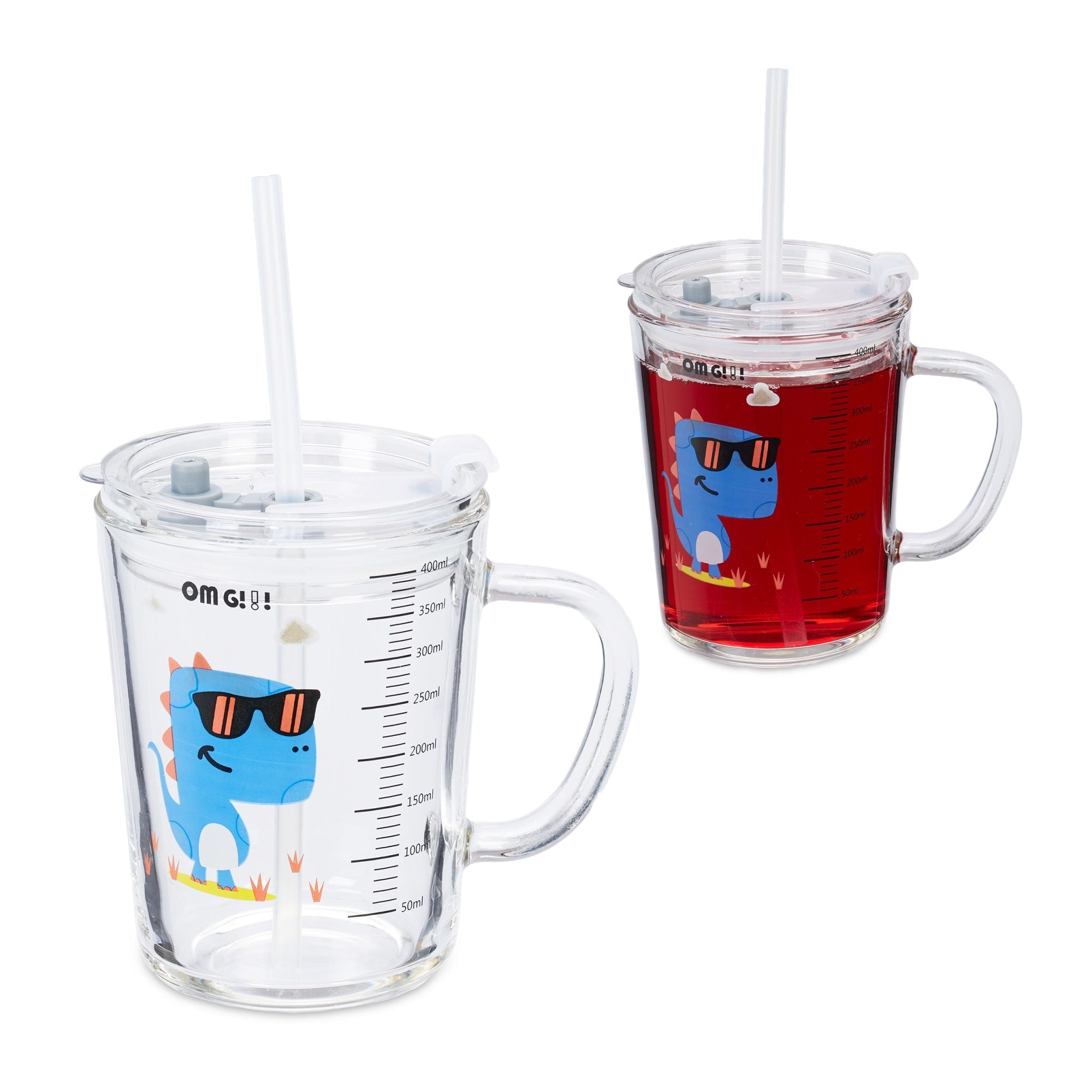 Kindergläser mit Dinomotiv 2er-Set Blau-Rot-Transparent von Relaxdays