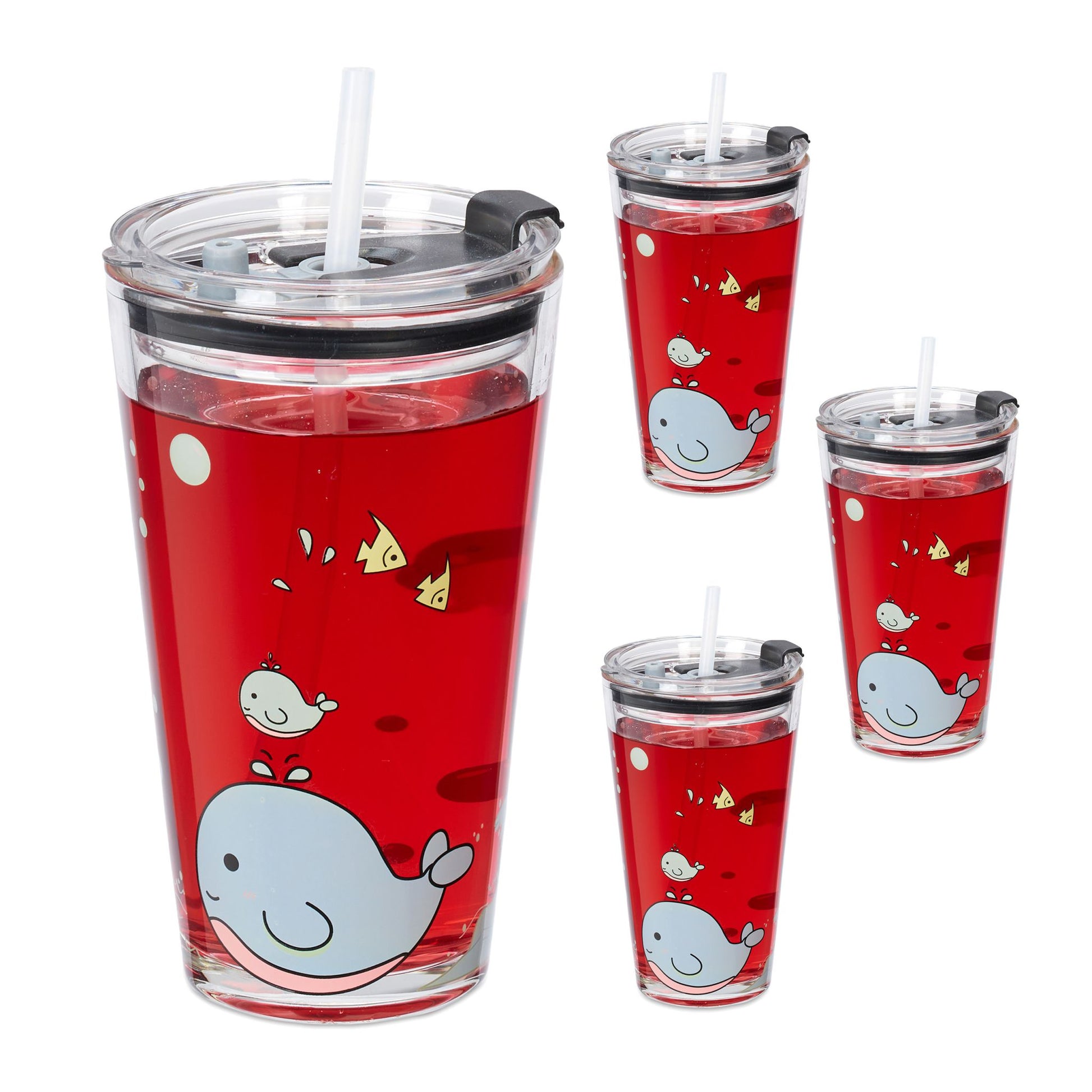 Kindergläser mit Walmotiv 4er-Set Rosa-Transparent-Türkis von Relaxdays