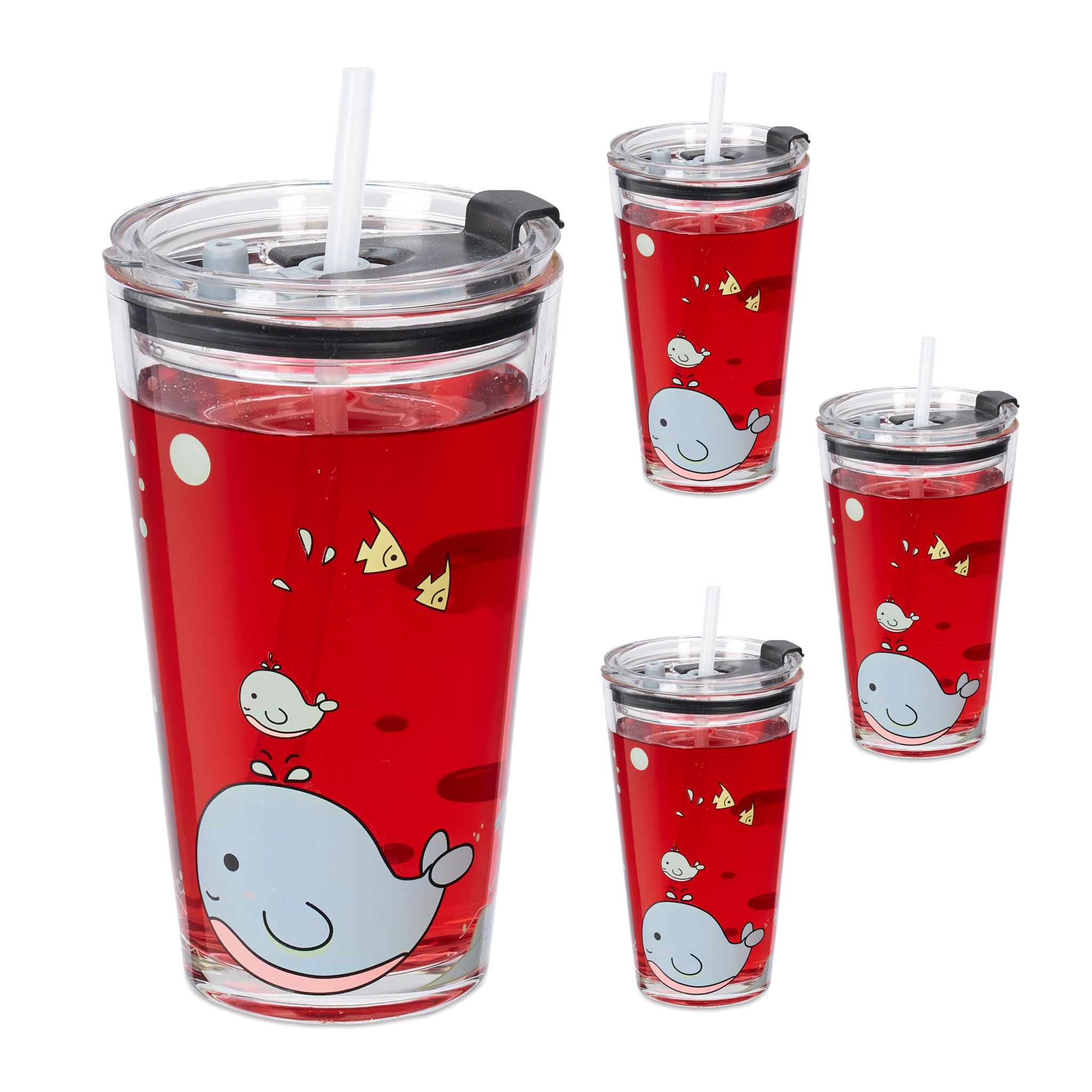 Kindergläser mit Walmotiv 4er-Set Rosa-Transparent-Türkis von Relaxdays