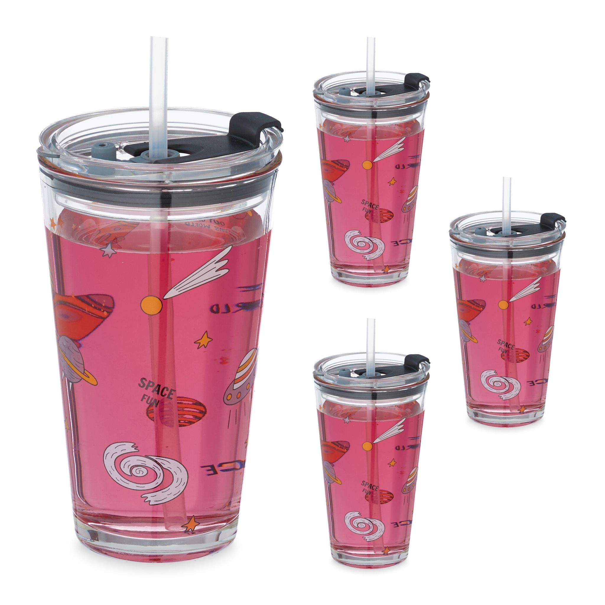 Kindergläser mit Weltraum-Motiv 4er-Set Gelb-Transparent-Grau von Relaxdays