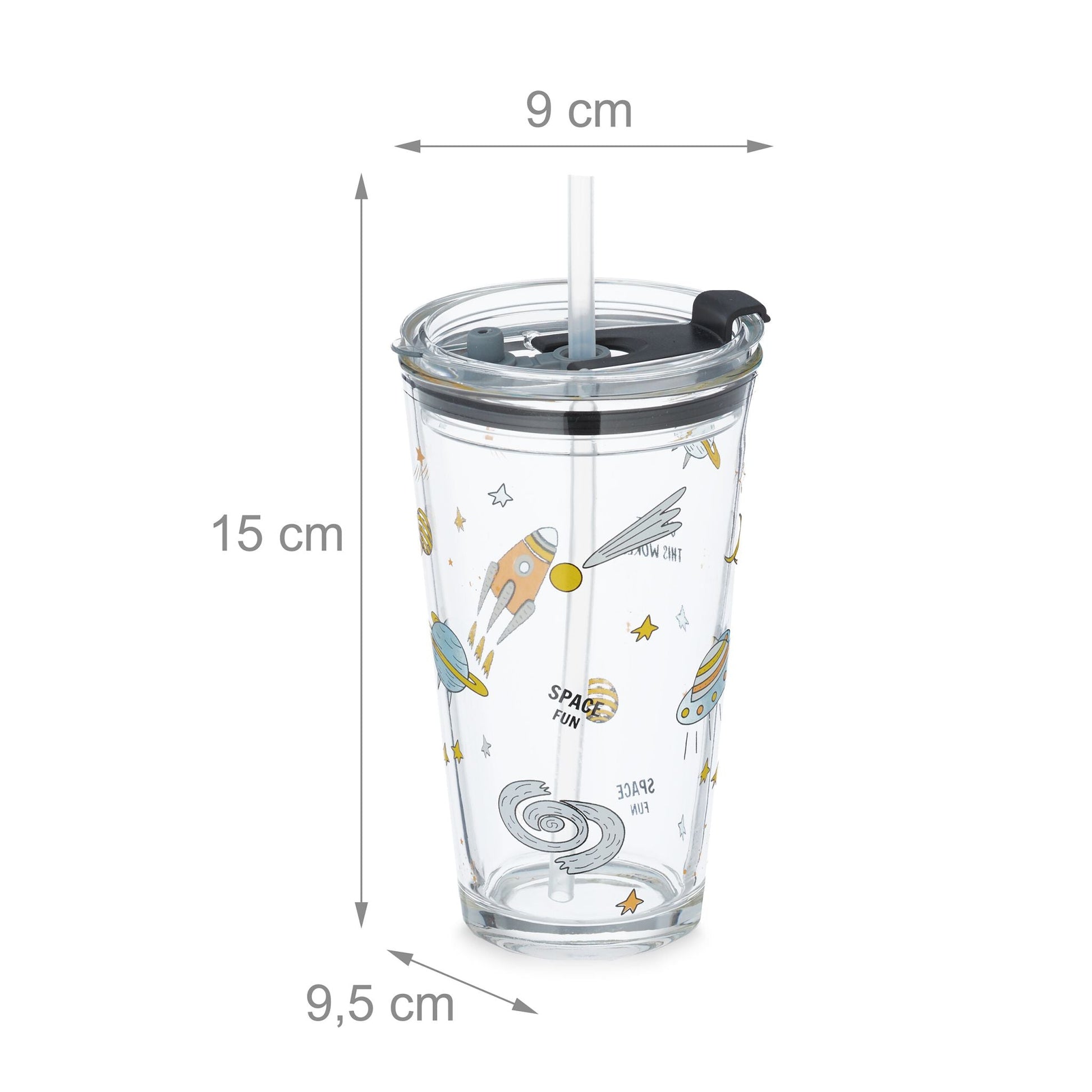 Kindergläser mit Weltraum-Motiv 4er-Set Gelb-Transparent-Grau von Relaxdays
