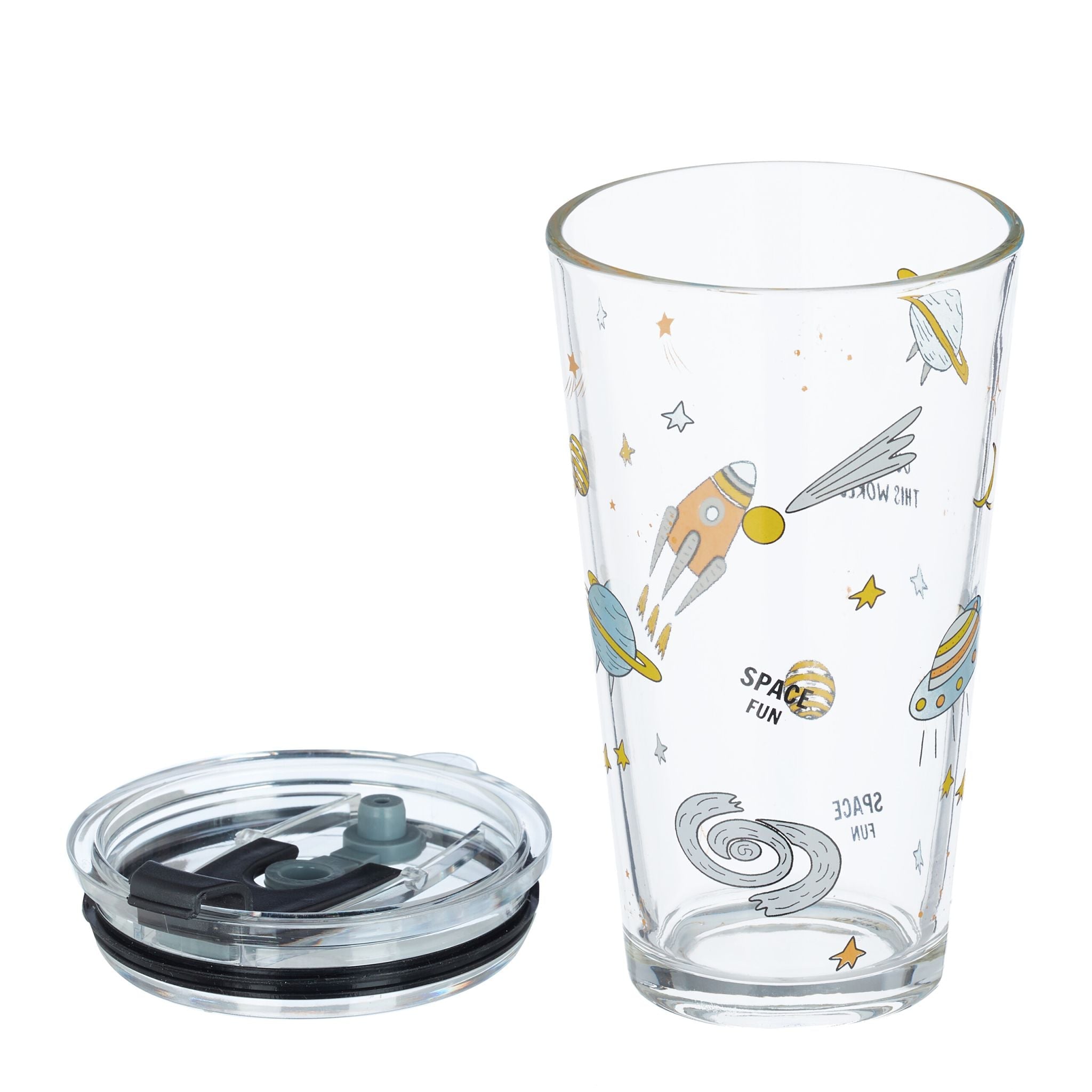 Kindergläser mit Weltraum-Motiv 4er-Set Gelb-Transparent-Grau von Relaxdays