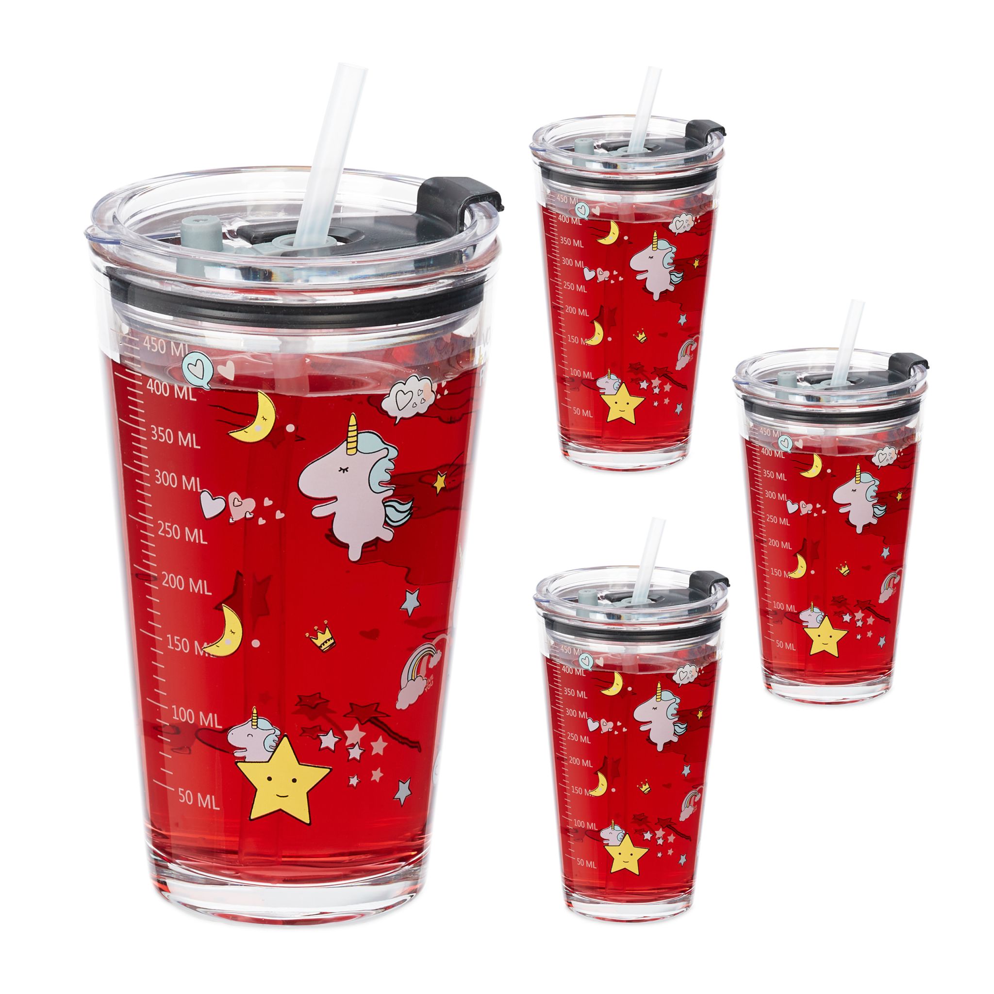 Kindergläser mit Einhorn-Motiv 4er-Set Weiss-Gelb-Transparent von Relaxdays