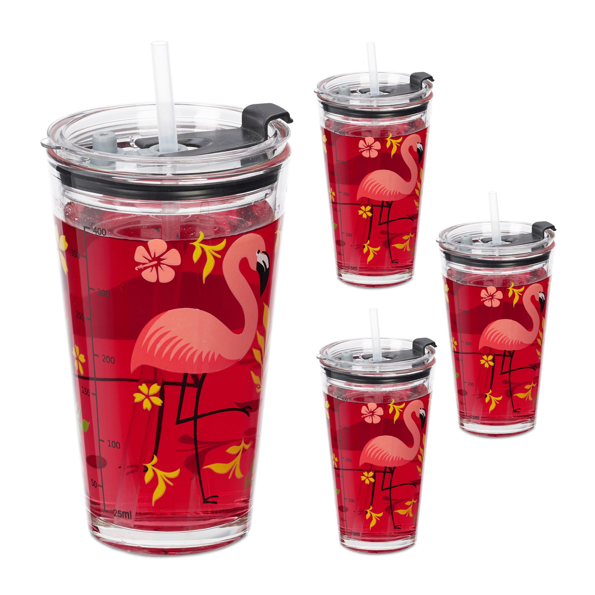 Trinkgläser mit Flamingo-Motiv 4er-Set Grün-Orange-Transparent von Relaxdays