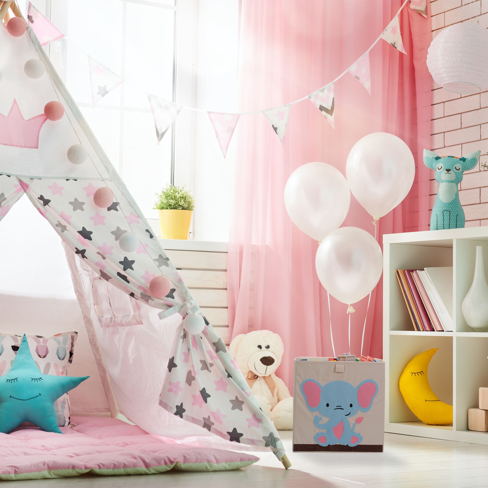 Aufbewahrungsbox mit Elefantenmotiv Creme-Hellblau-Pink von Relaxdays