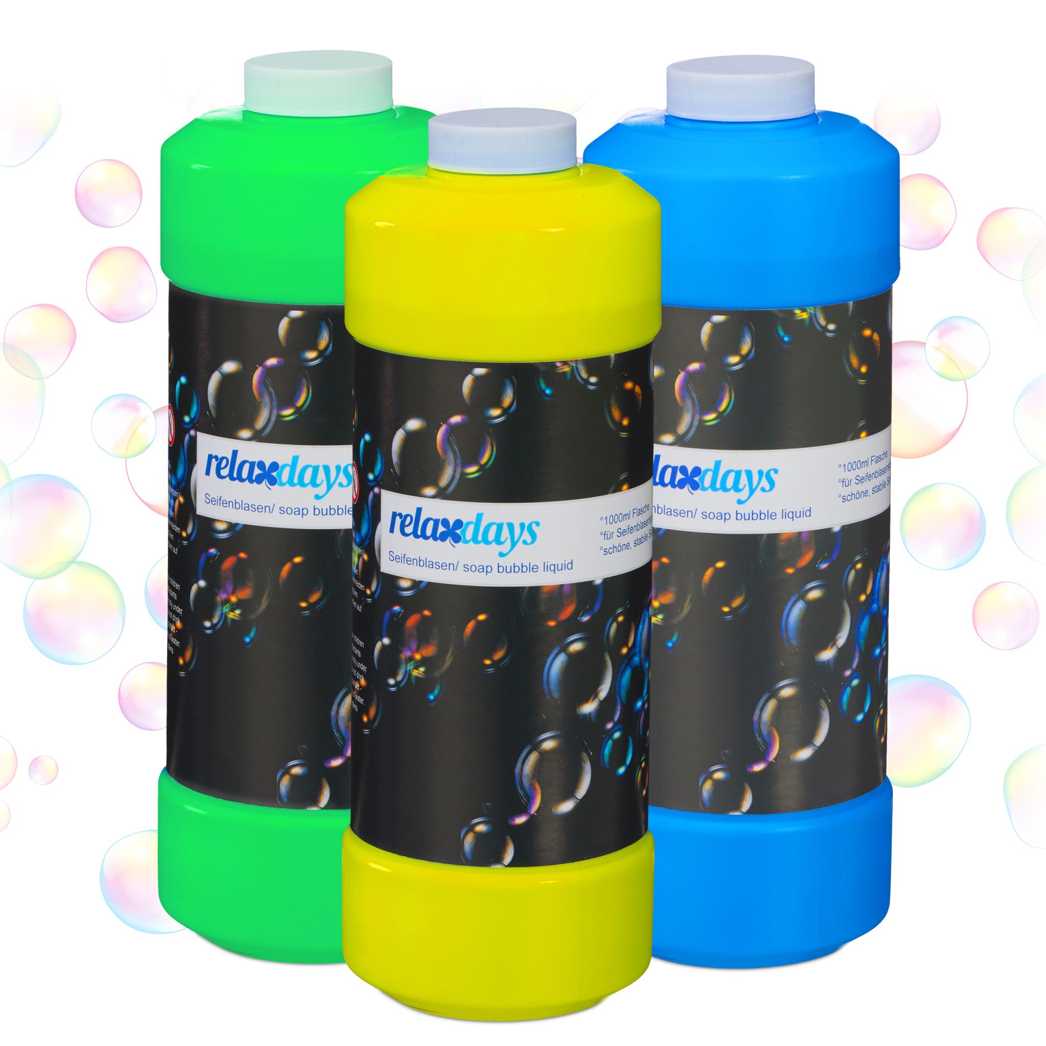 Seifenblasen Nachfüllflasche 1L 3er-Set Blau-Gelb-Grün