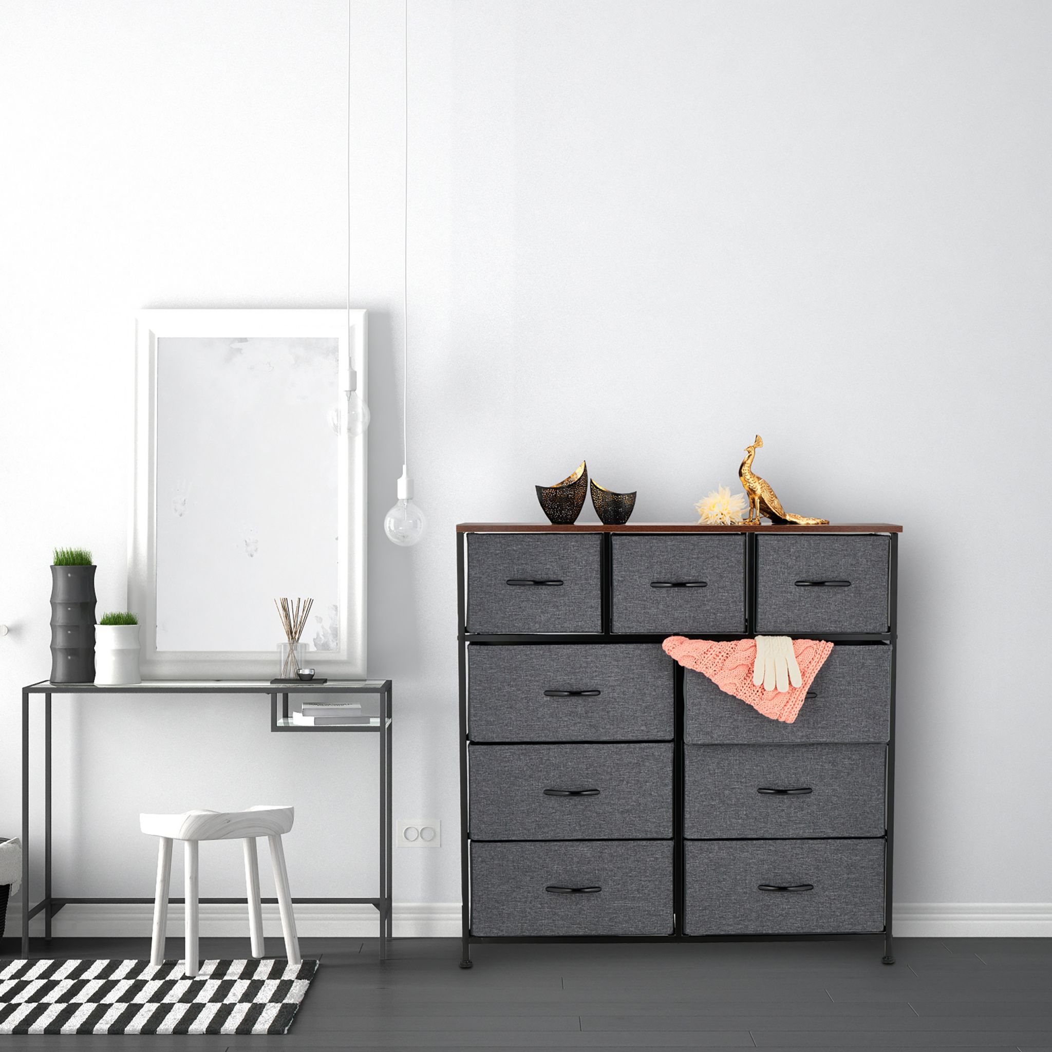 Kommode mit 9 Schubladen Braun-Schwarz-Grau von Relaxdays
