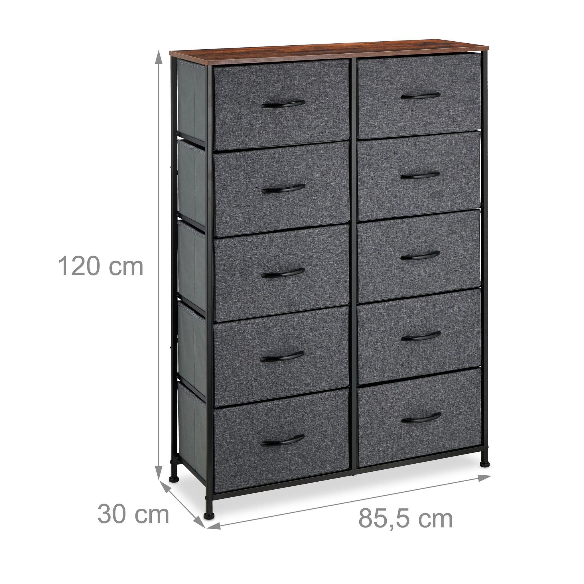 Kommode mit 10 Schubladen Braun-Schwarz-Grau von Relaxdays
