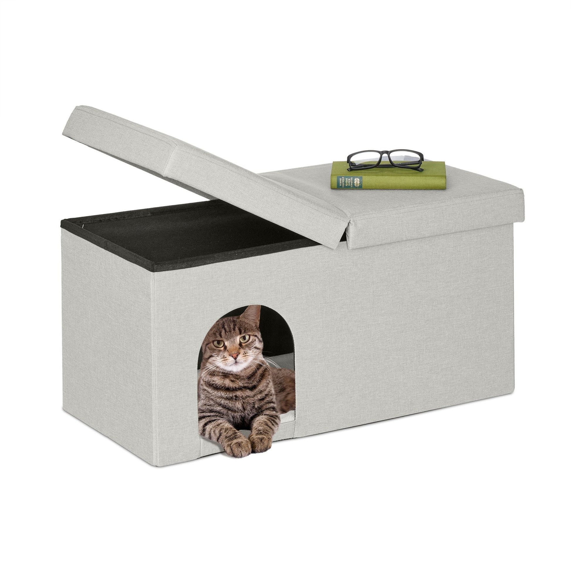 Katzenhöhle in Beige mit Deckel Beige-Weiss von Relaxdays