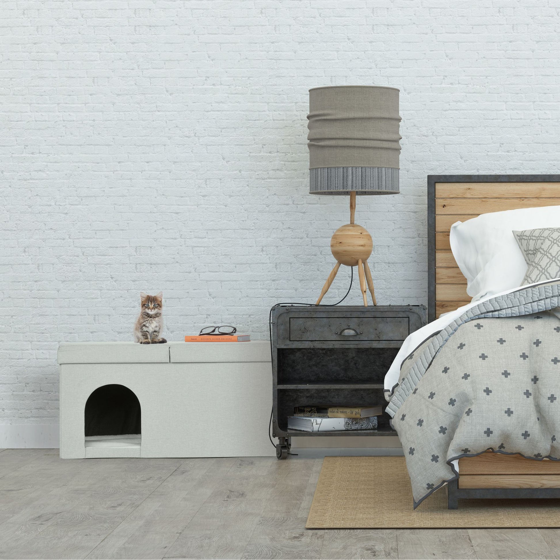 Katzenhöhle in Beige mit Deckel Beige-Weiss von Relaxdays