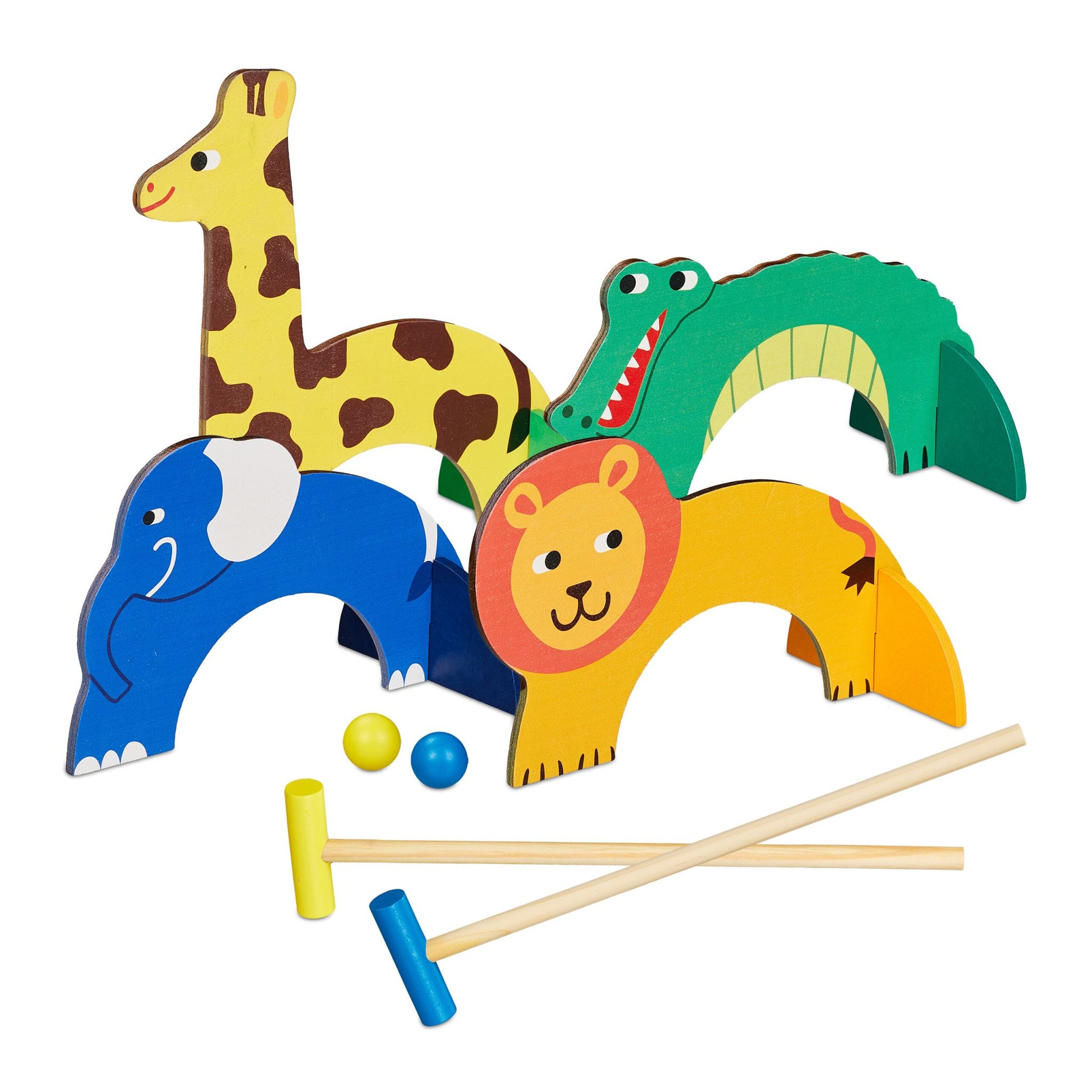 Krocket Spiel für Kinder Tier-Design Blau-Gelb-Hellbraun von Relaxdays