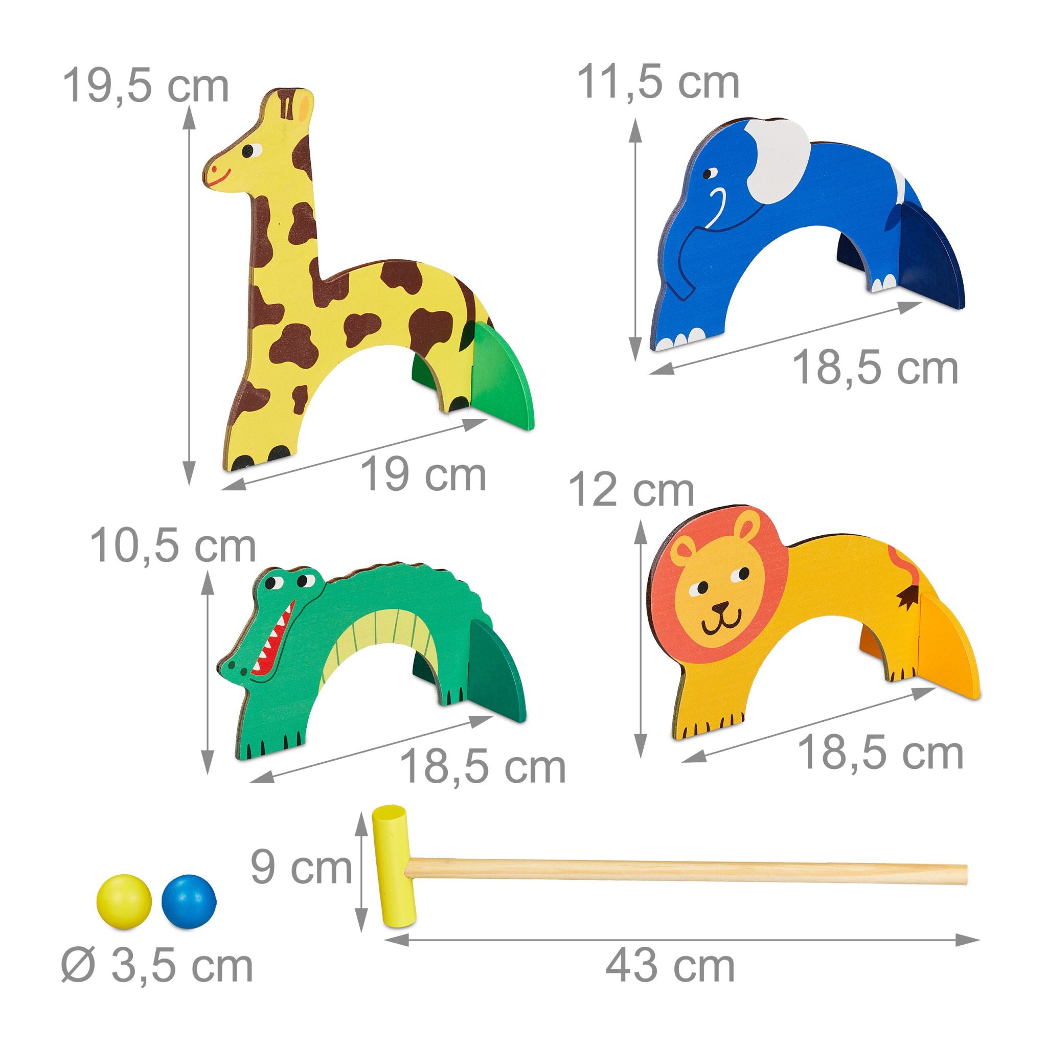 Krocket Spiel für Kinder Tier-Design Blau-Gelb-Hellbraun von Relaxdays