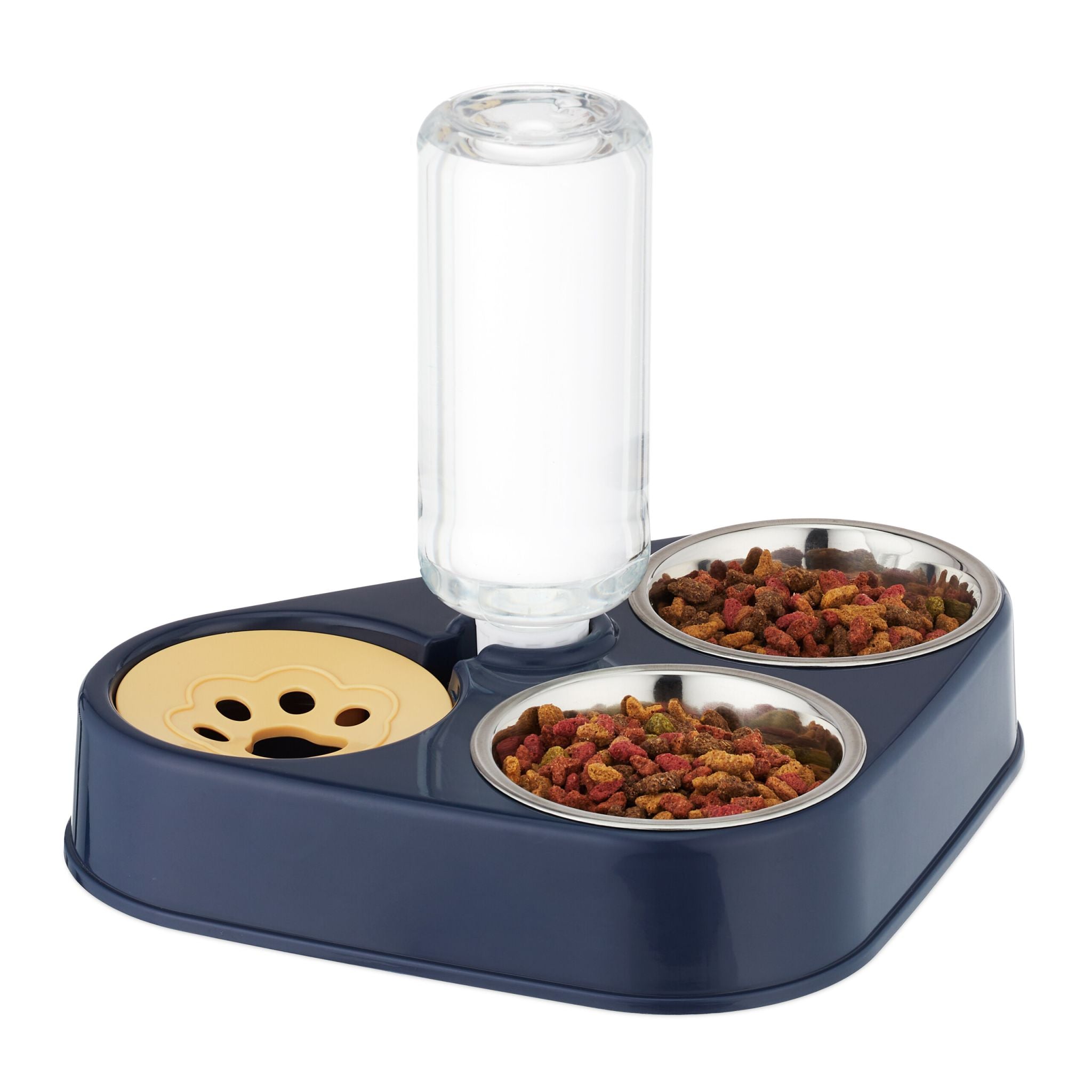 Doppelnapf mit Wasserspender Dunkelblau-Gelb-Silber von Relaxdays