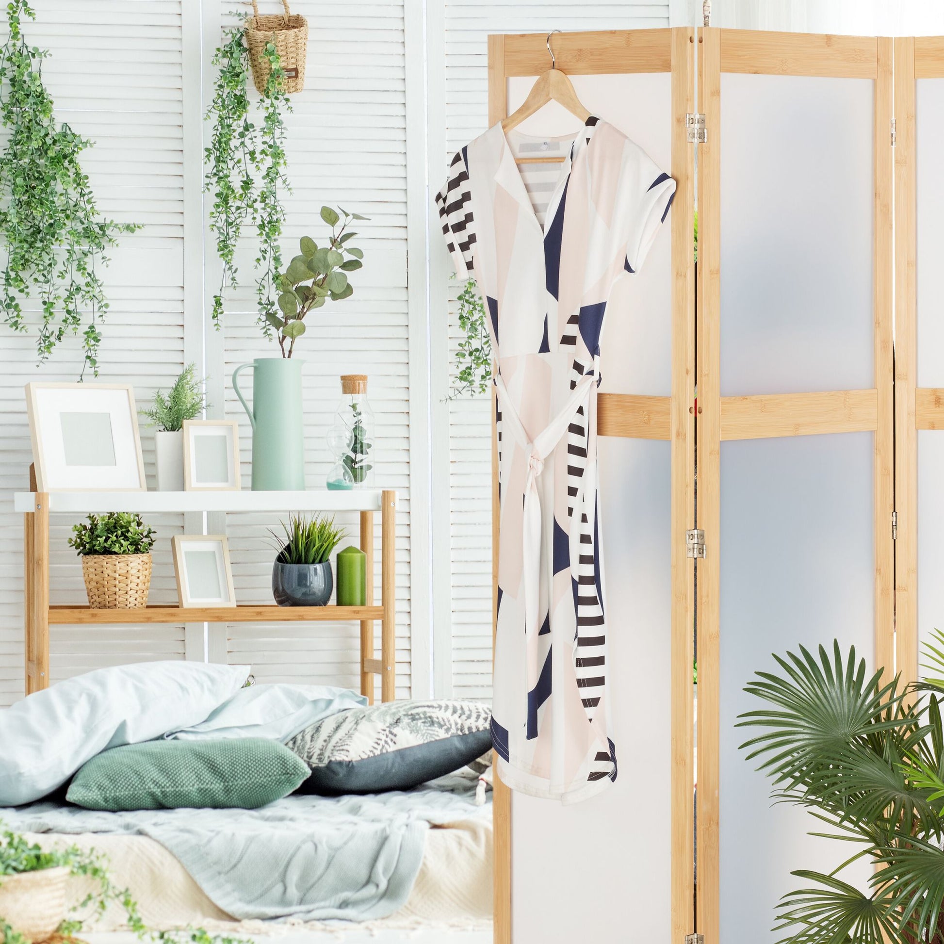 Paravent mit Bambusrahmen 3-teilig Weiss-Hellbraun von Relaxdays