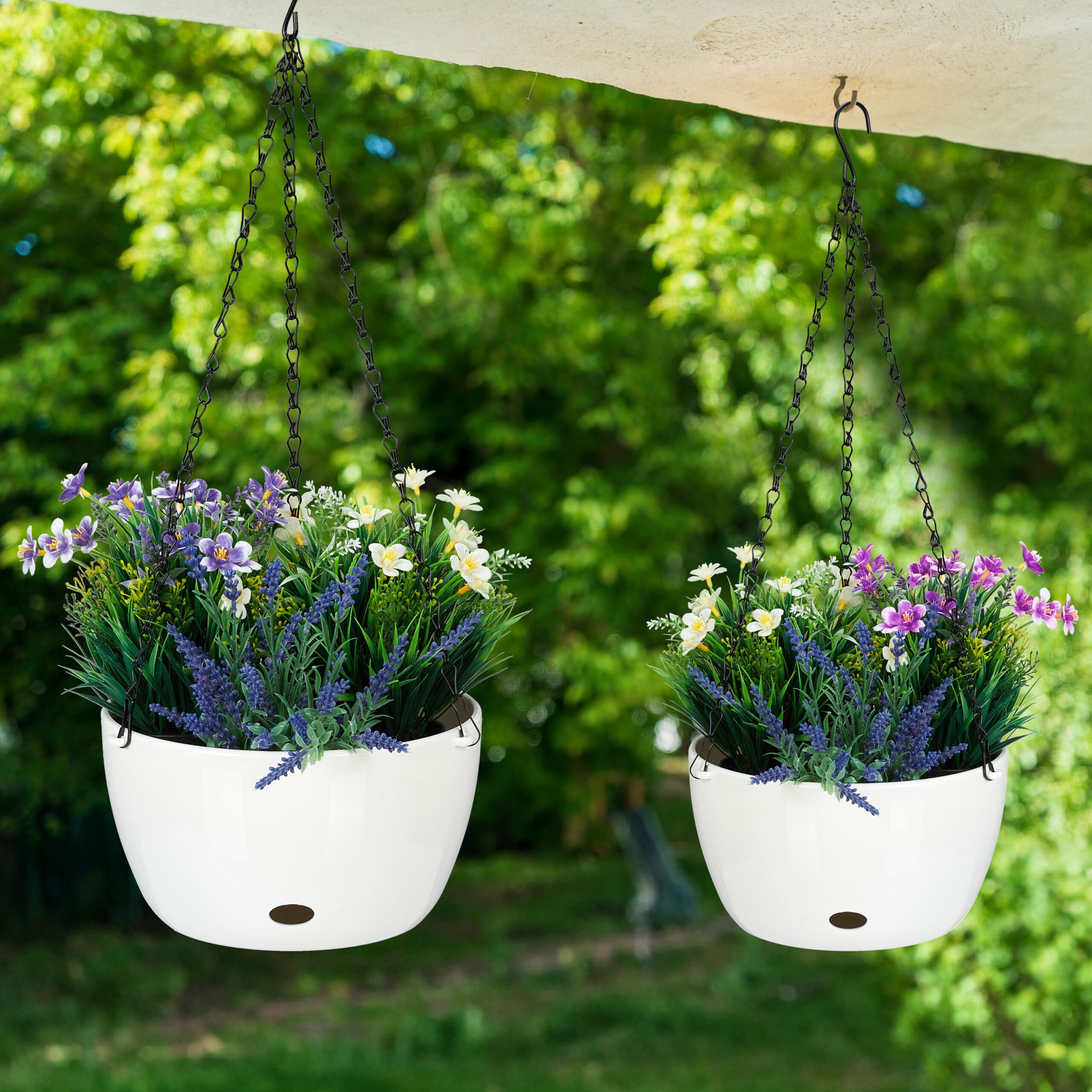 2 Blumenampeln mit Wasserspeicher - L Weiss-Schwarz von Relaxdays